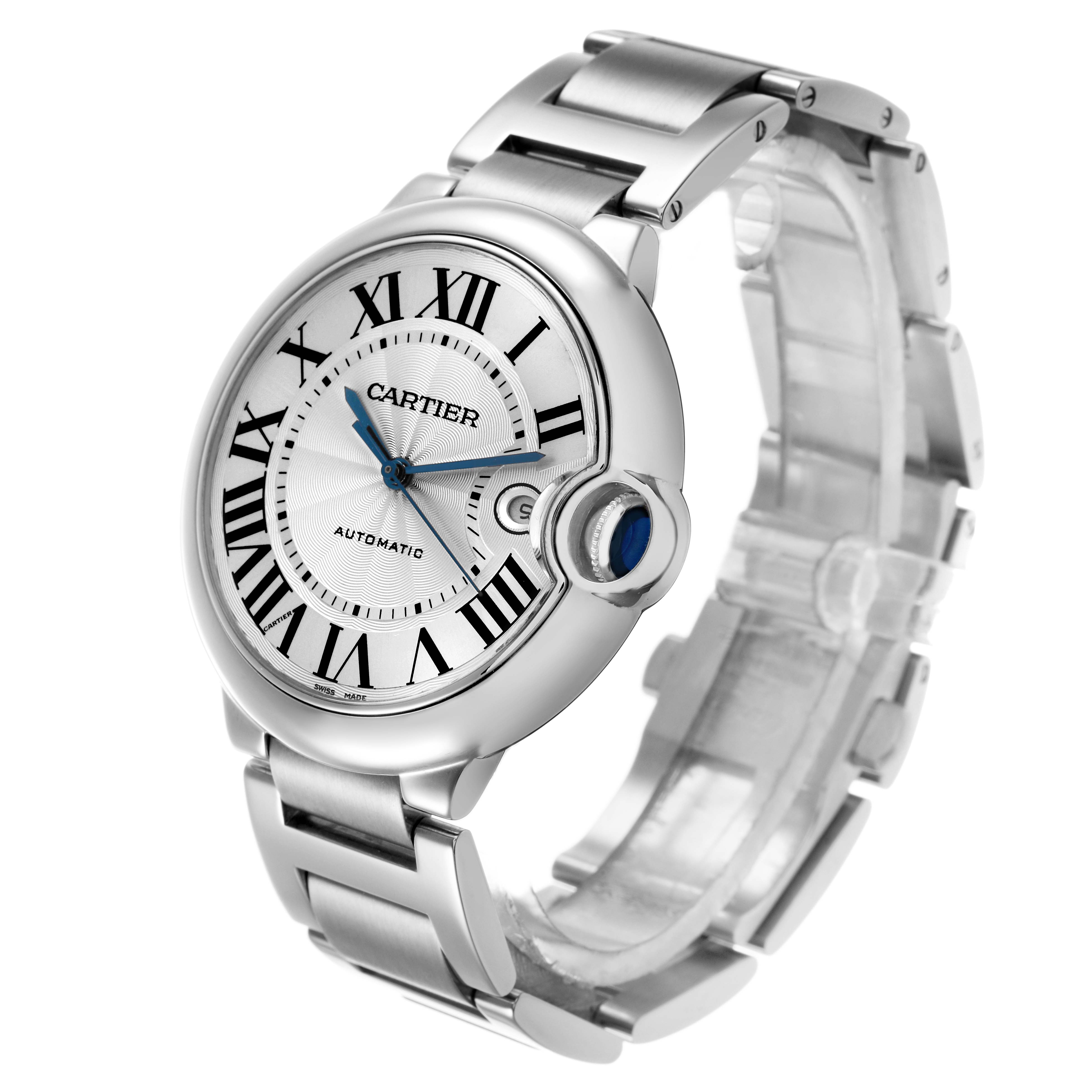 The Cartier Ballon Bleu W69012Z4 Men's Stainless Steel Silver Dial watch is shown at a tilted angle, highlighting the face, crown, and bracelet.