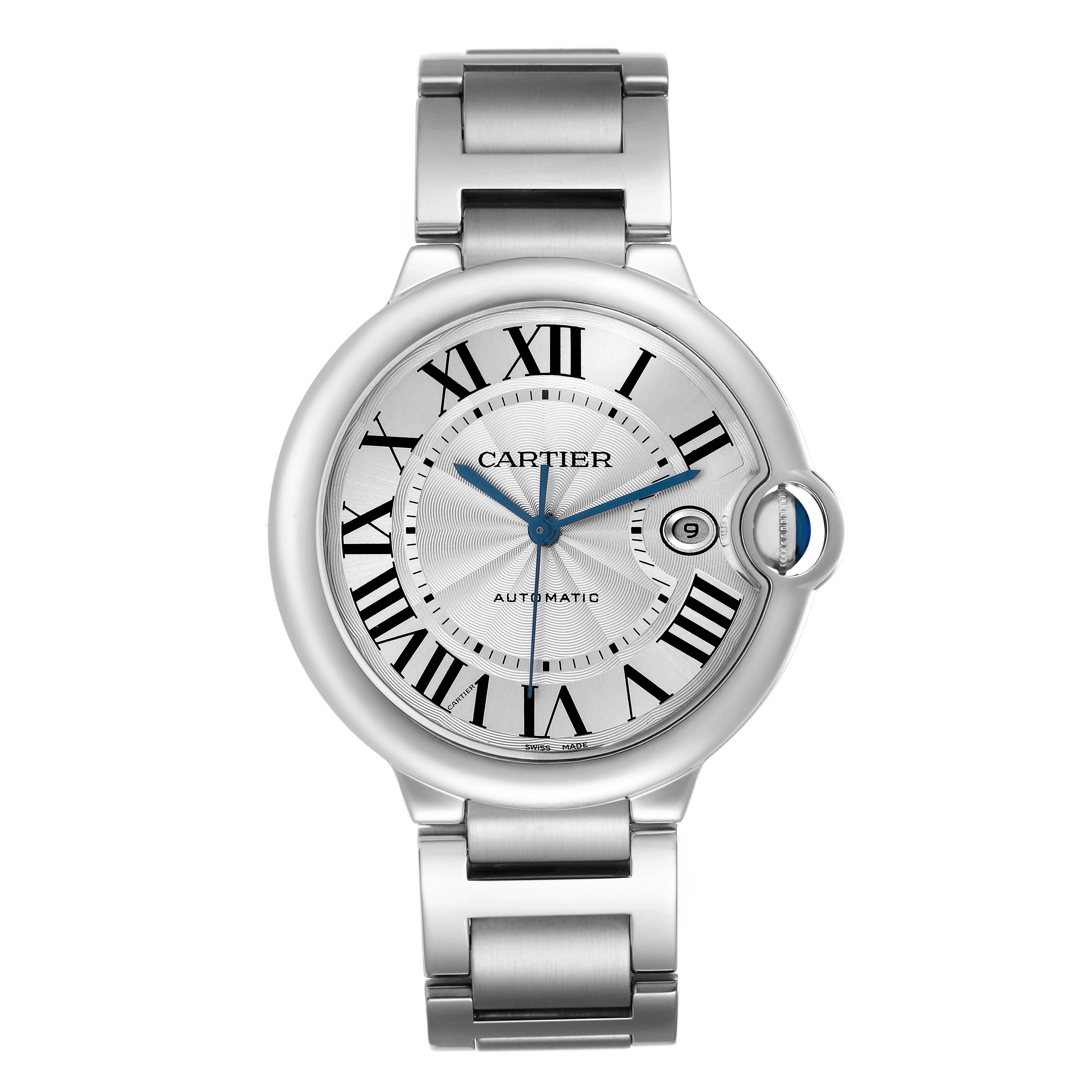 The Cartier Ballon Bleu W69012Z4 Men's Stainless Steel Silver Dial watch is shown from a front view, highlighting the face, Roman numerals, blue hands, and metal bracelet.