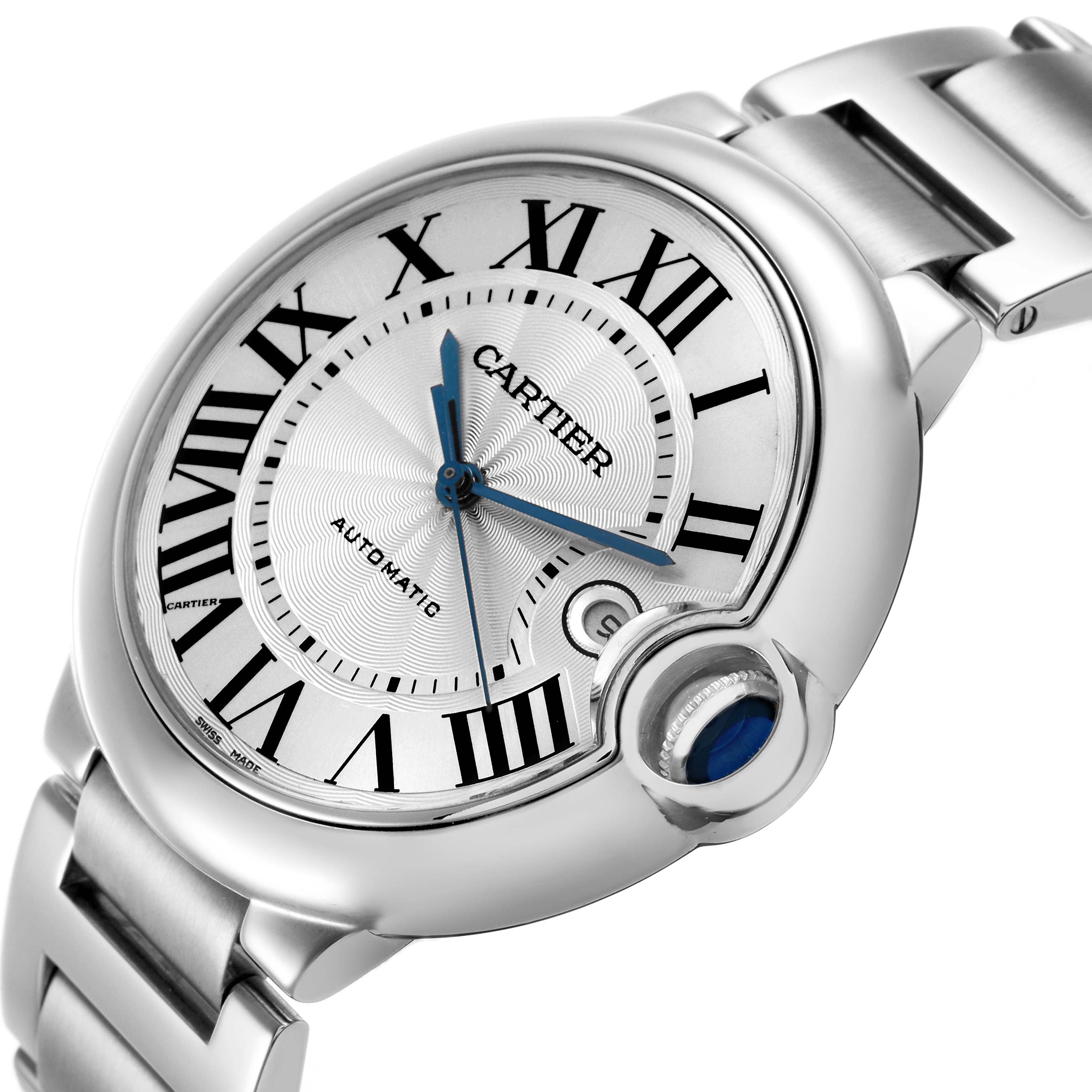 The Cartier Ballon Bleu W69012Z4 Men's Stainless Steel Silver Dial model is shown at a slight angle, highlighting the dial, crown, and part of the bracelet.