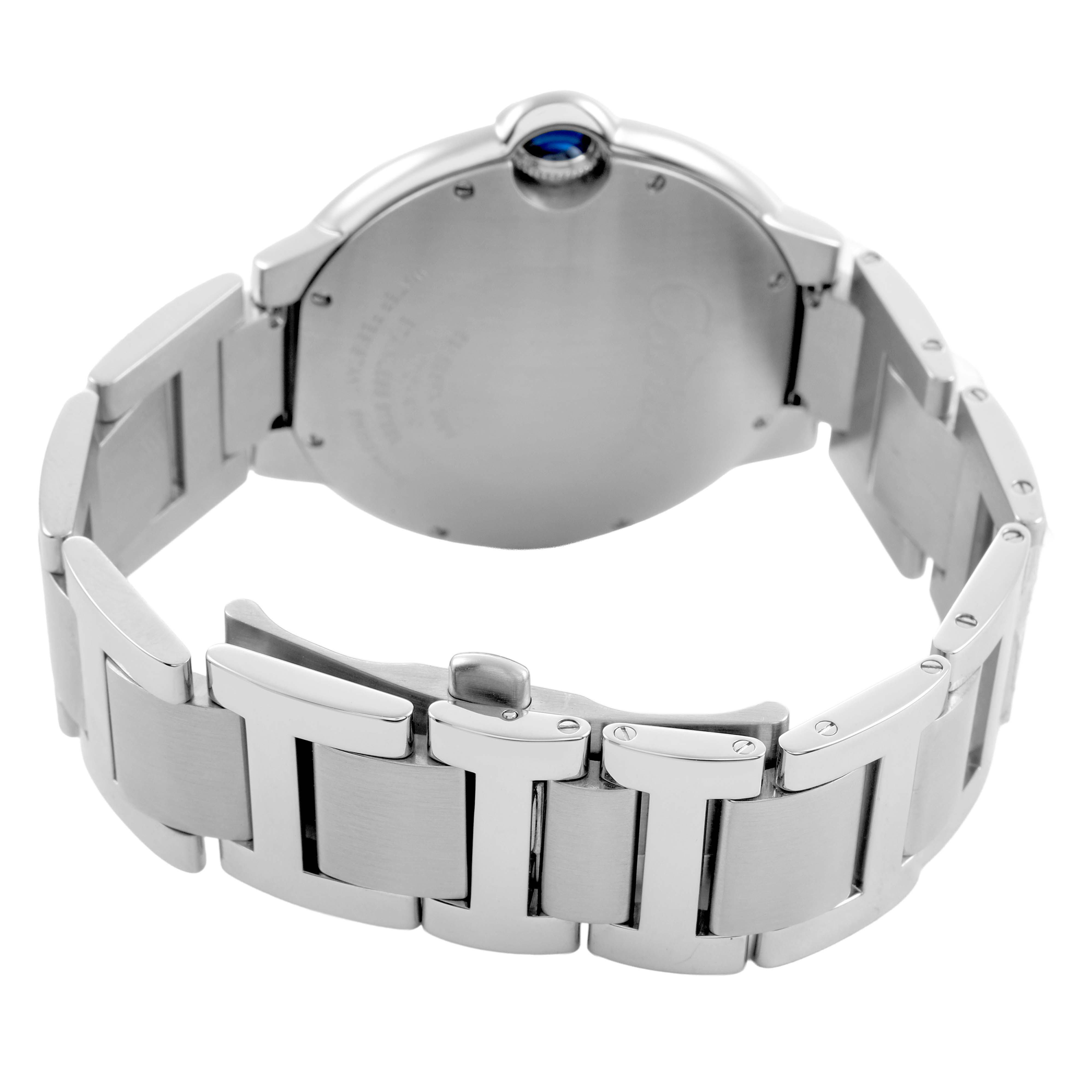 The image shows the back and bracelet of a Cartier Ballon Bleu W69012Z4 Men's Stainless Steel Silver Dial watch, highlighting the clasp and caseback.