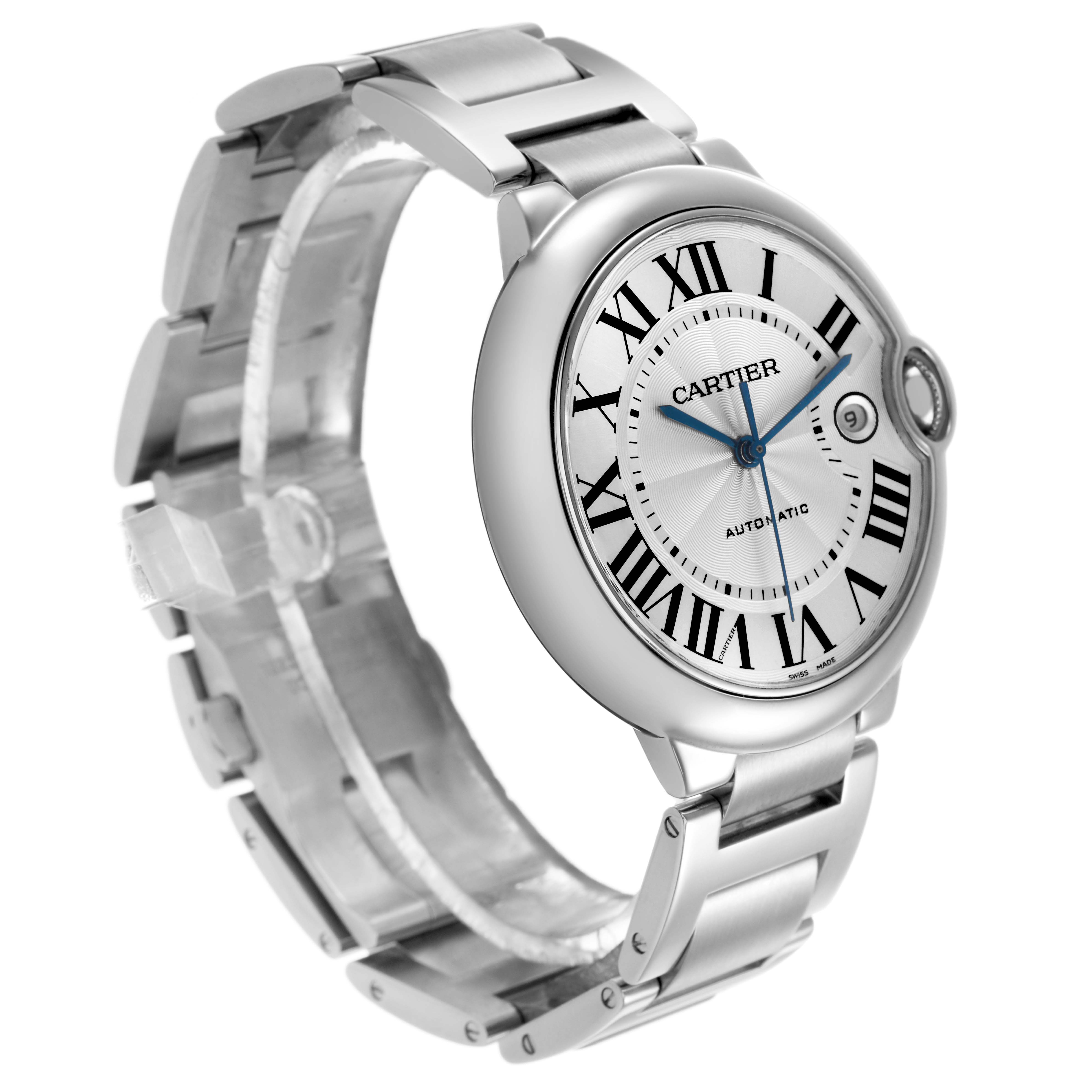 The Ballon Bleu by Cartier is shown at a three-quarter angle, displaying the dial, bracelet, and crown.
