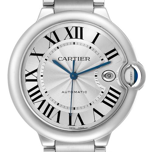 The image shows a close-up of the Cartier Ballon Bleu W69012Z4 Men's Stainless Steel Silver Dial watch face, highlighting its Roman numerals, blue hands, and crown.