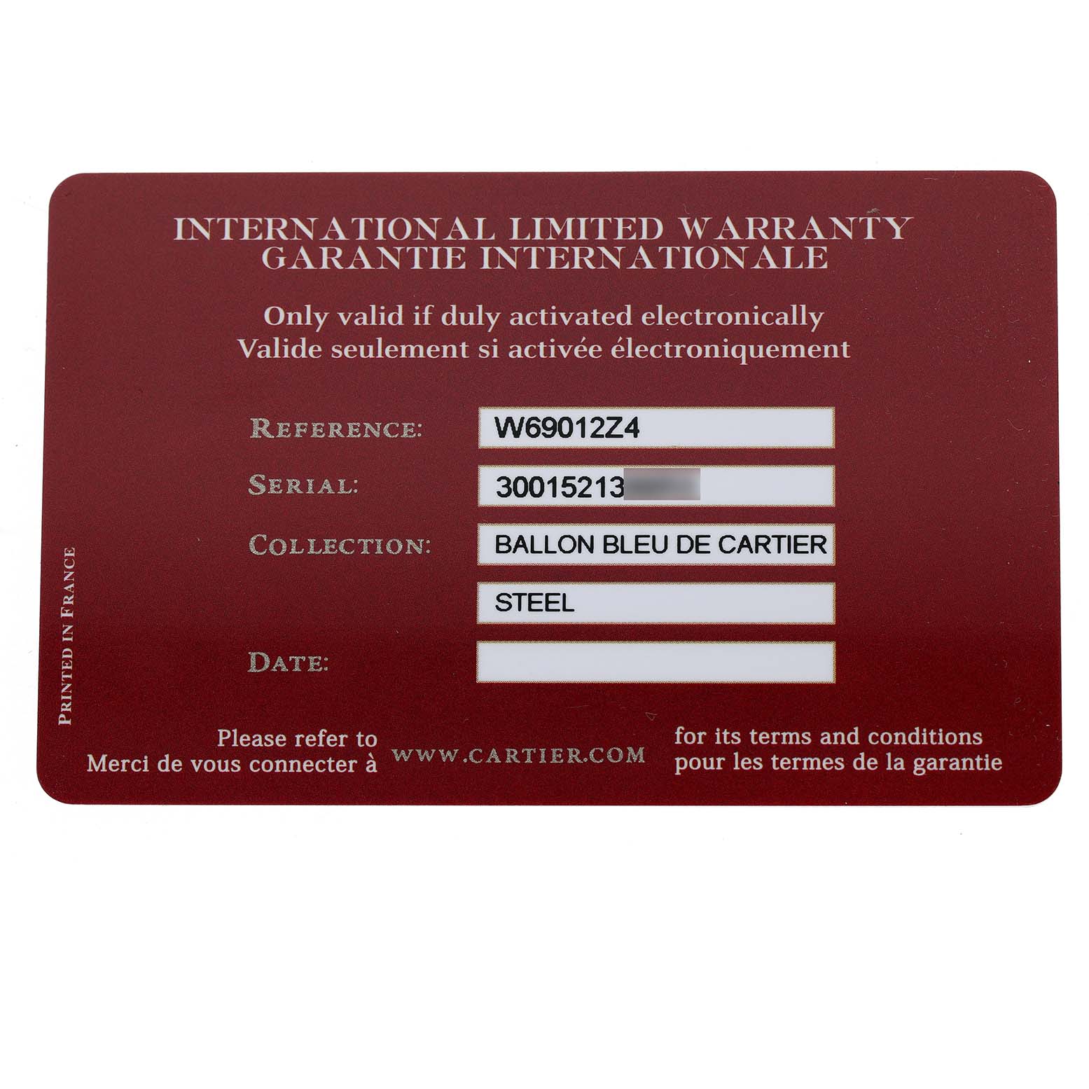 This image shows the international limited warranty card for the Ballon Bleu model by Cartier.