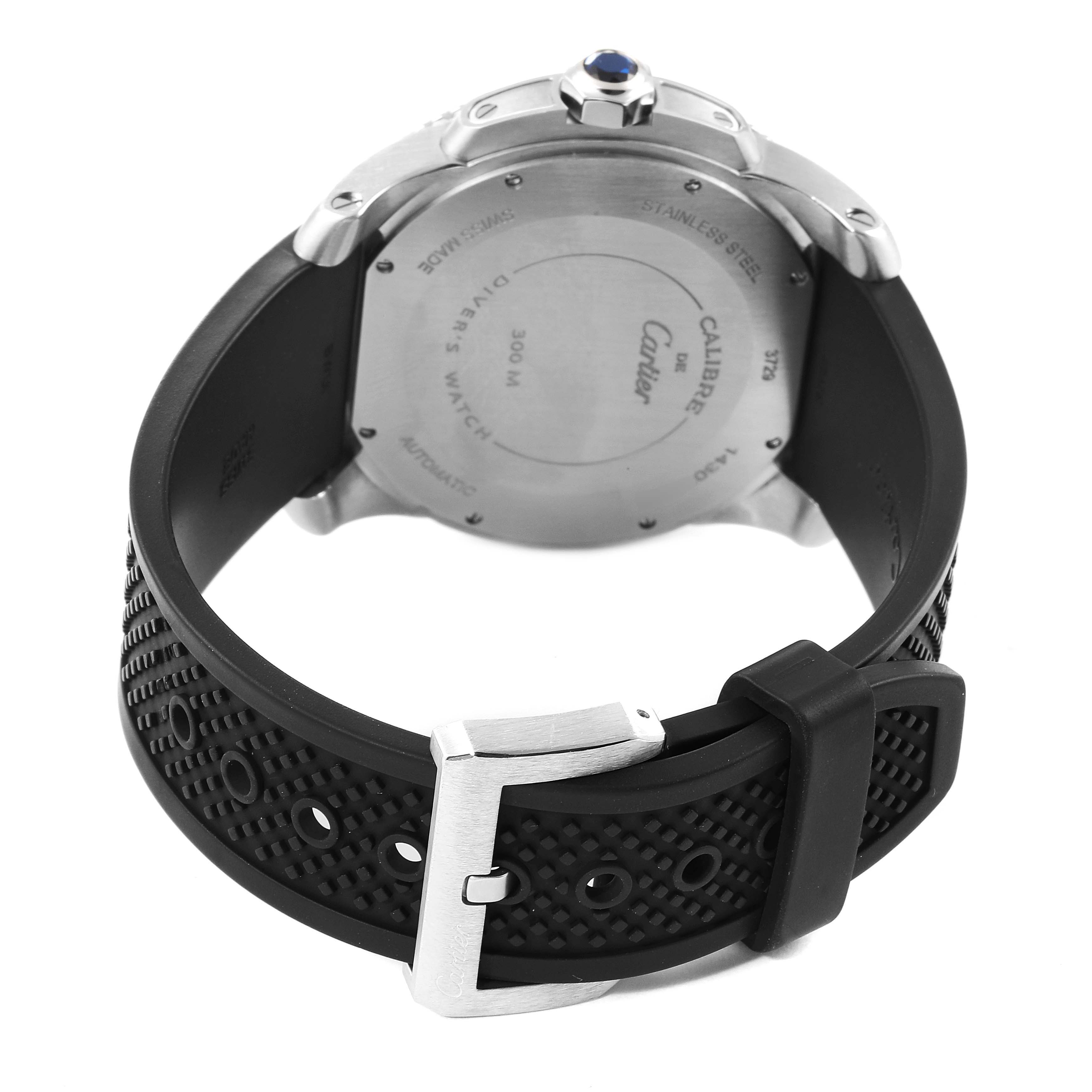 This image shows the back case and strap of a Calibre de Cartier watch by Cartier.