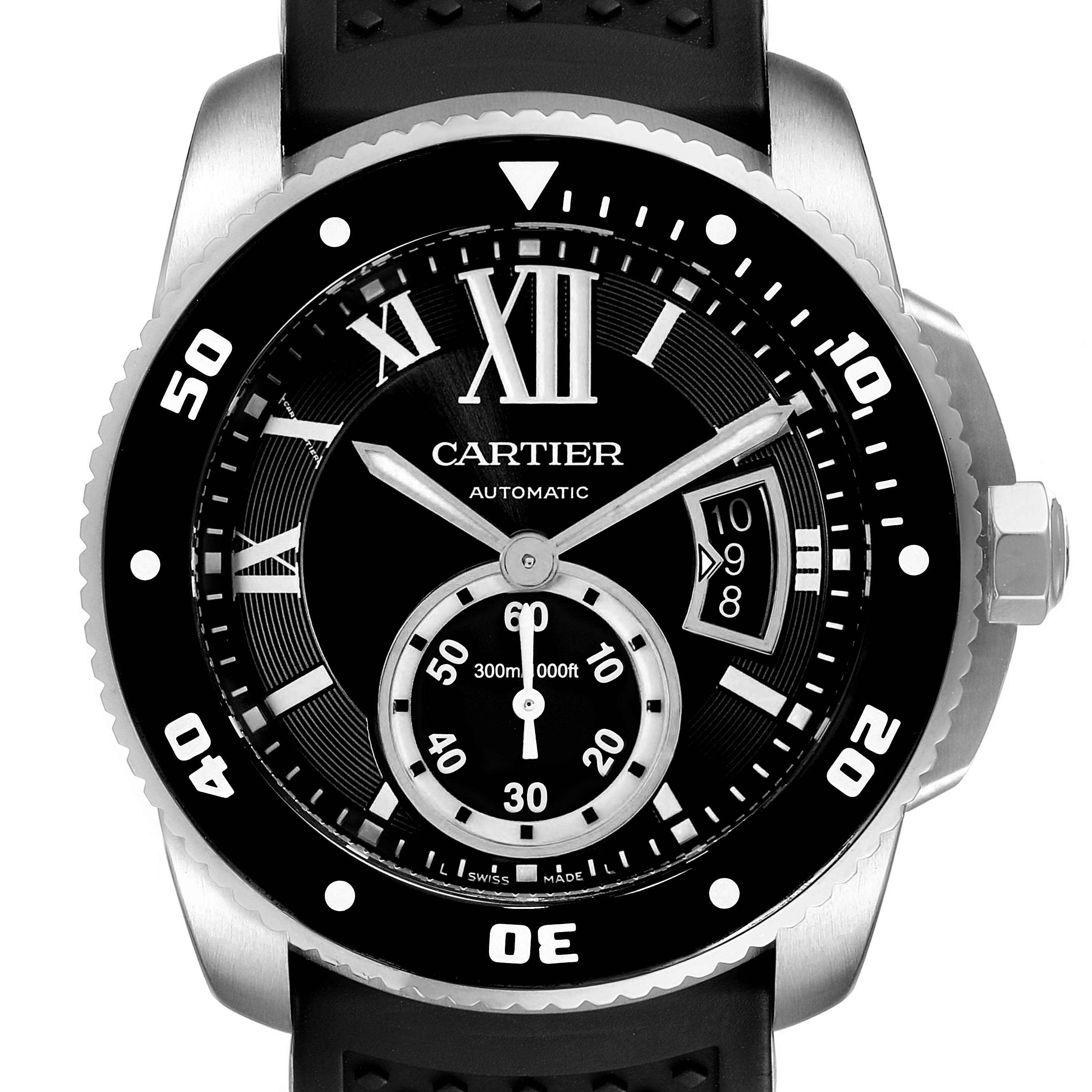 The image shows a front view of the Calibre de Cartier watch by Cartier, displaying the dial, bezel, and crown.