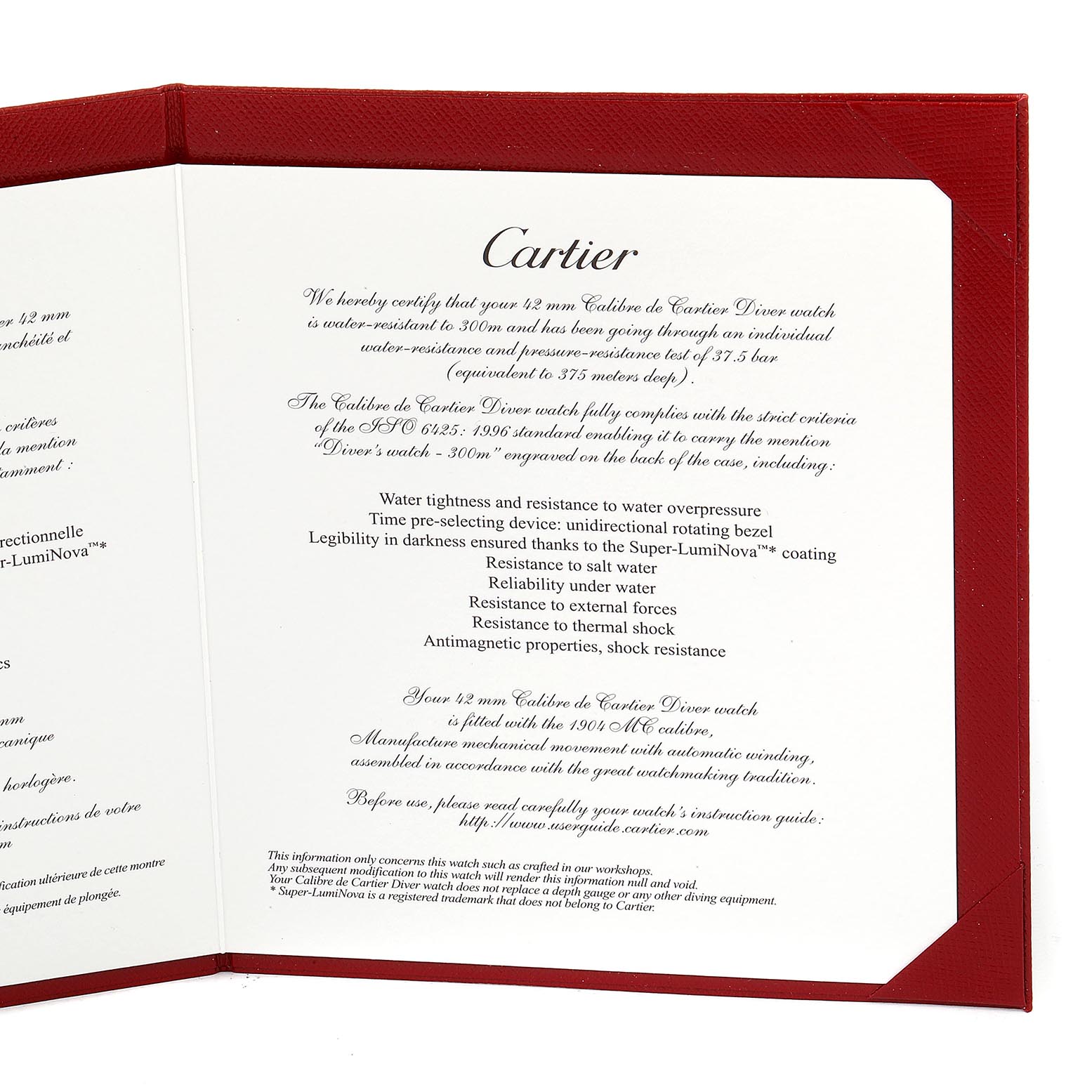 The image shows a certification booklet for the Calibre de Cartier watch by Cartier, detailing its features and specifications.