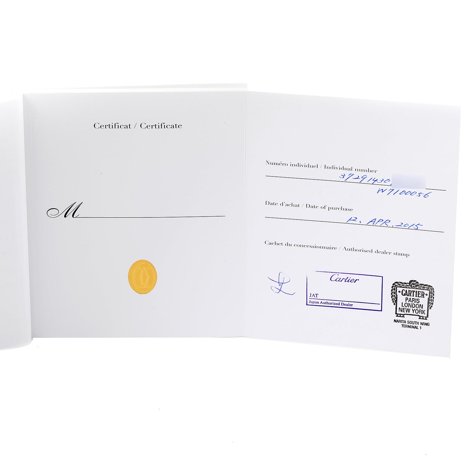 The image shows an open certificate booklet for a Calibre de Cartier watch by Cartier, displaying handwritten details and stamps.