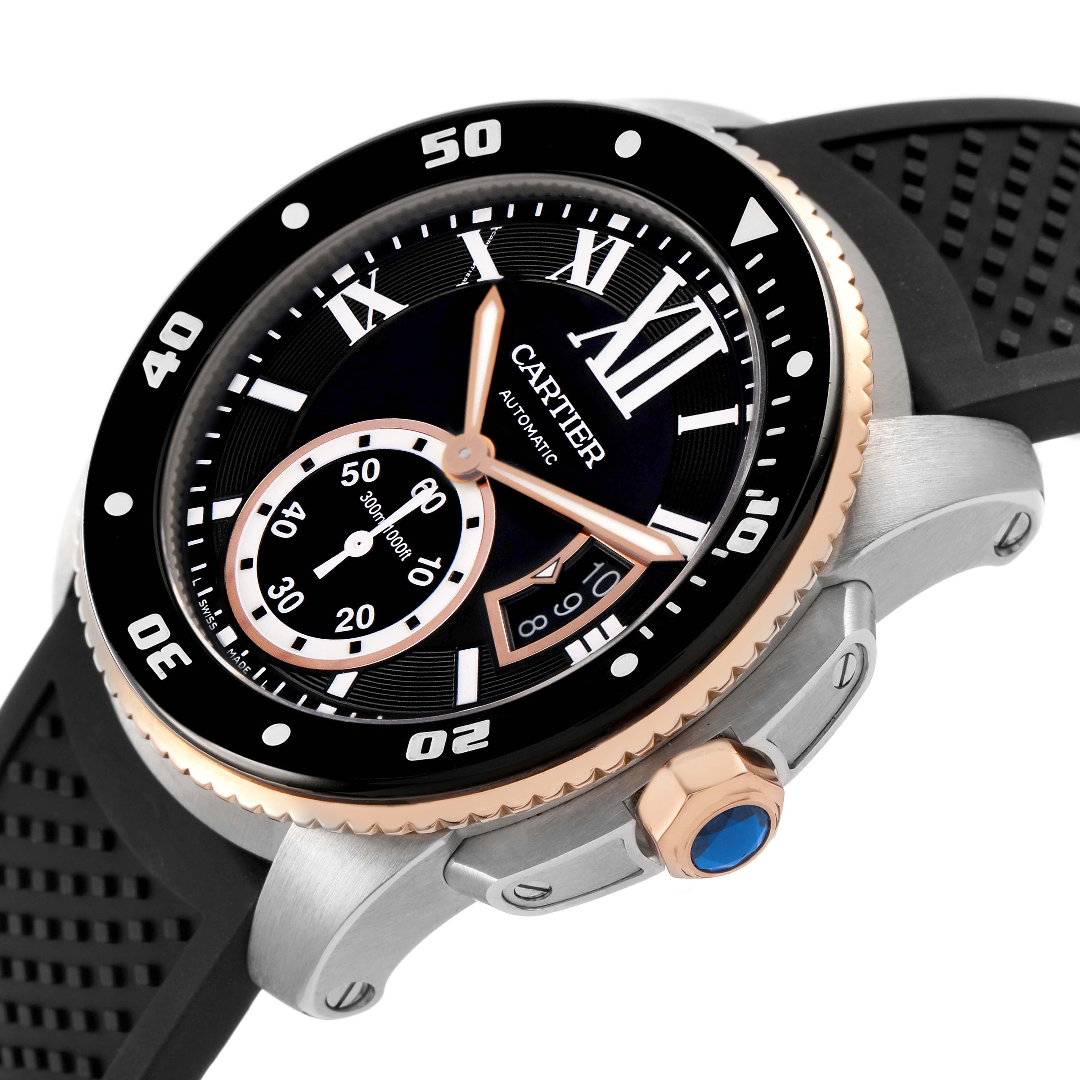 The Calibre de Cartier watch by Cartier is shown at an angle highlighting the bezel, dial, crown, and part of the strap.