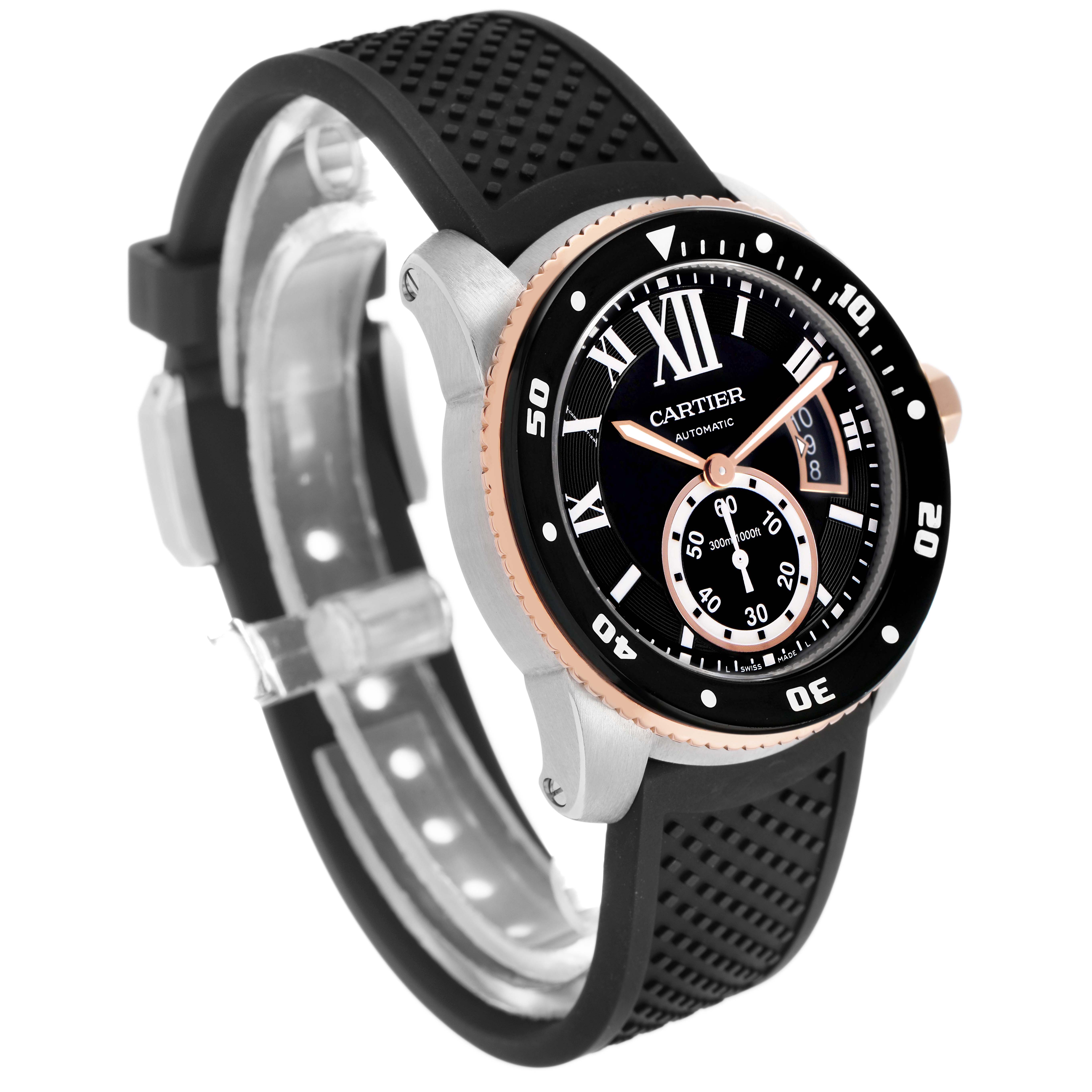 The Calibre de Cartier watch is shown at a slight angle, displaying its face, bezel, band, and side profile.