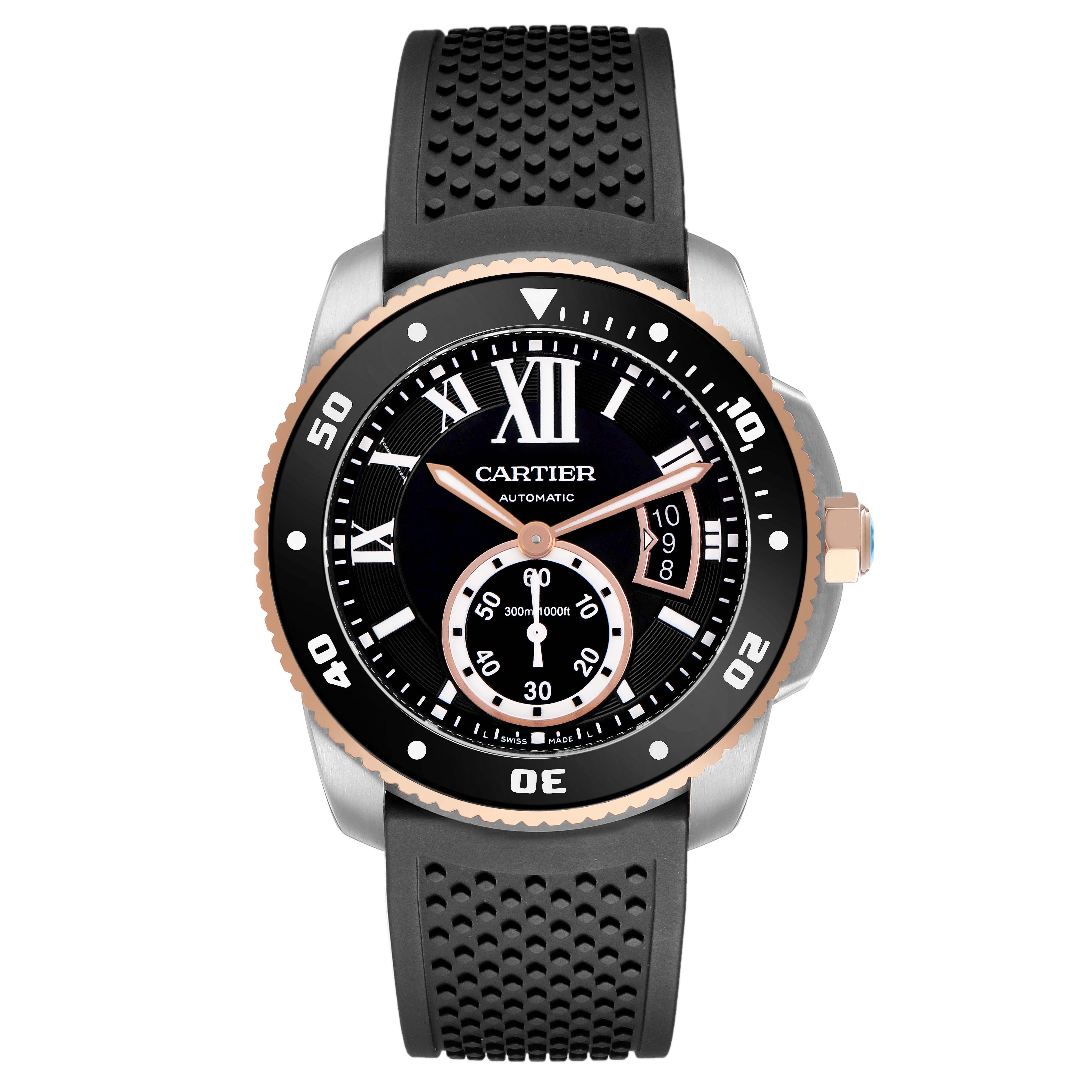 The Calibre de Cartier watch by Cartier is shown front-facing, highlighting the bezel, dial, hands, and strap.