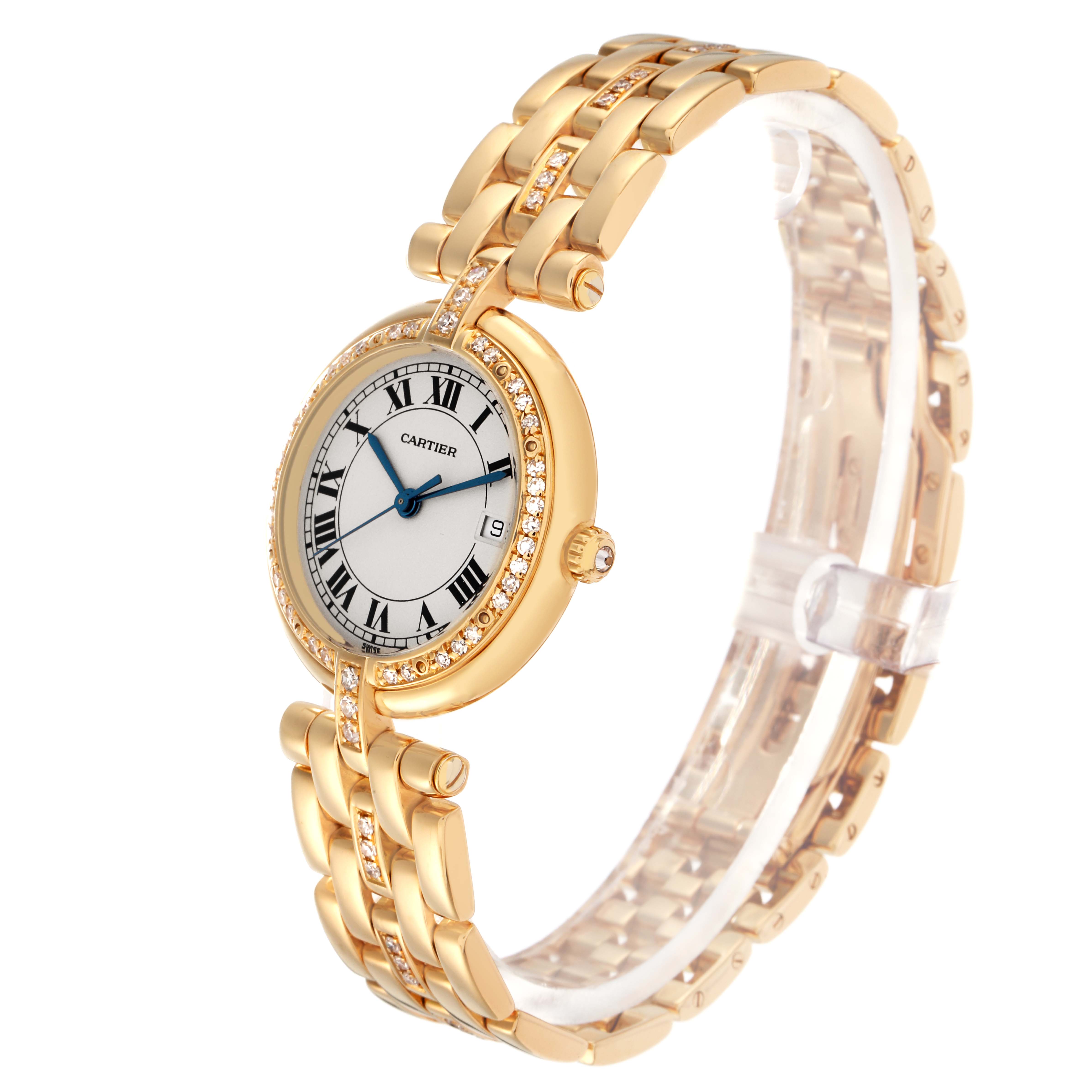 The Cartier Panthere model 884701FD is shown at a slight angle, highlighting its gold bracelet, diamond bezel, and Roman numeral dial.