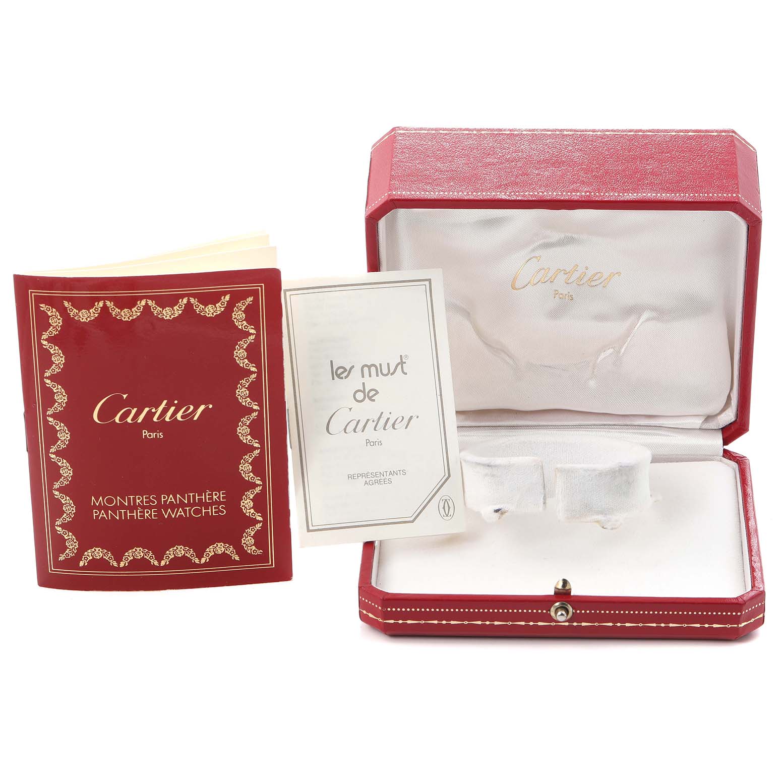 The image shows the packaging and brochures for a Cartier Panthere model 884701FD men's watch, including a red case and accompanying booklets.