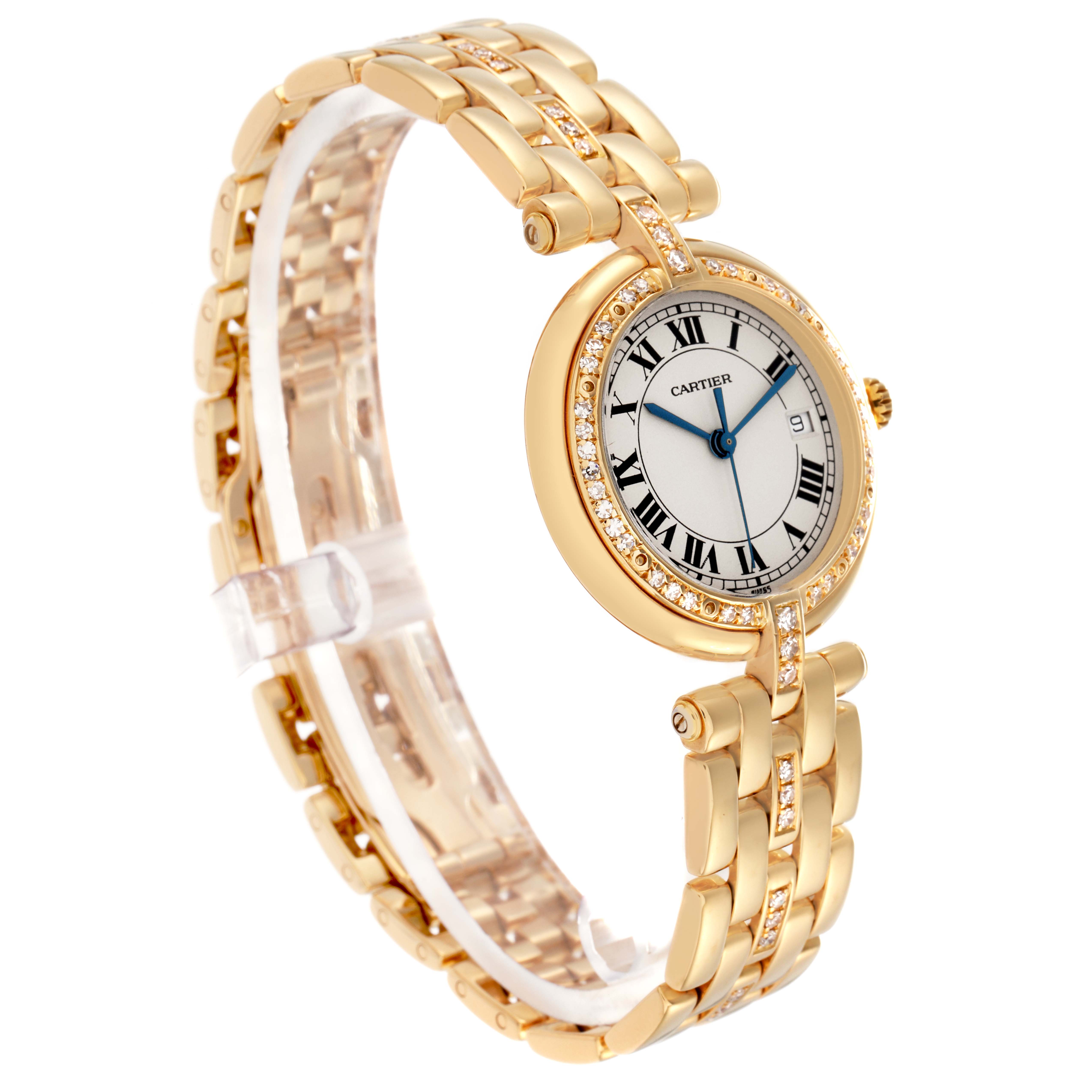 The image shows a Cartier Panthere model 884701FD men's watch at an angled side view, highlighting its gold band and diamond-encrusted bezel.