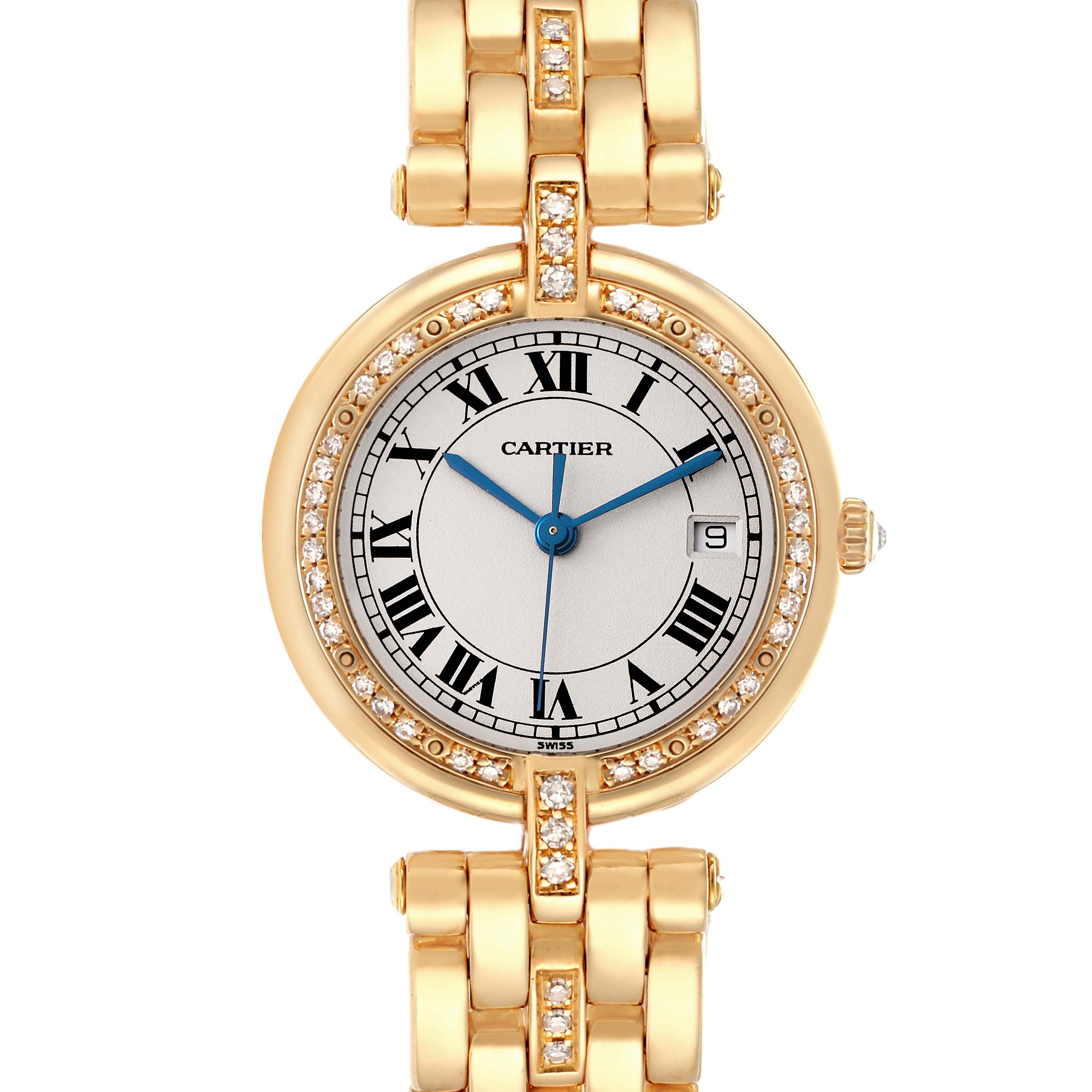 The Cartier Panthere model 884701FD is shown from a front view, featuring its round dial, date function, gold and diamond-set bezel, and linked bracelet.