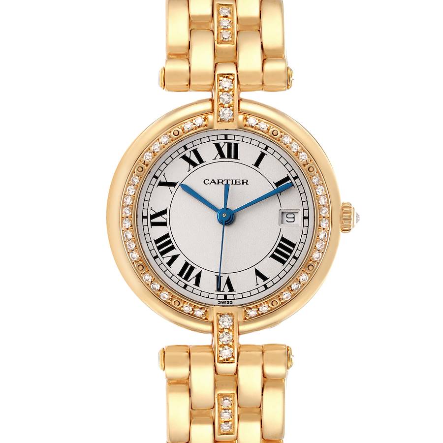 The Cartier Panthere model 884701FD is shown from a front view, featuring its round dial, date function, gold and diamond-set bezel, and linked bracelet.