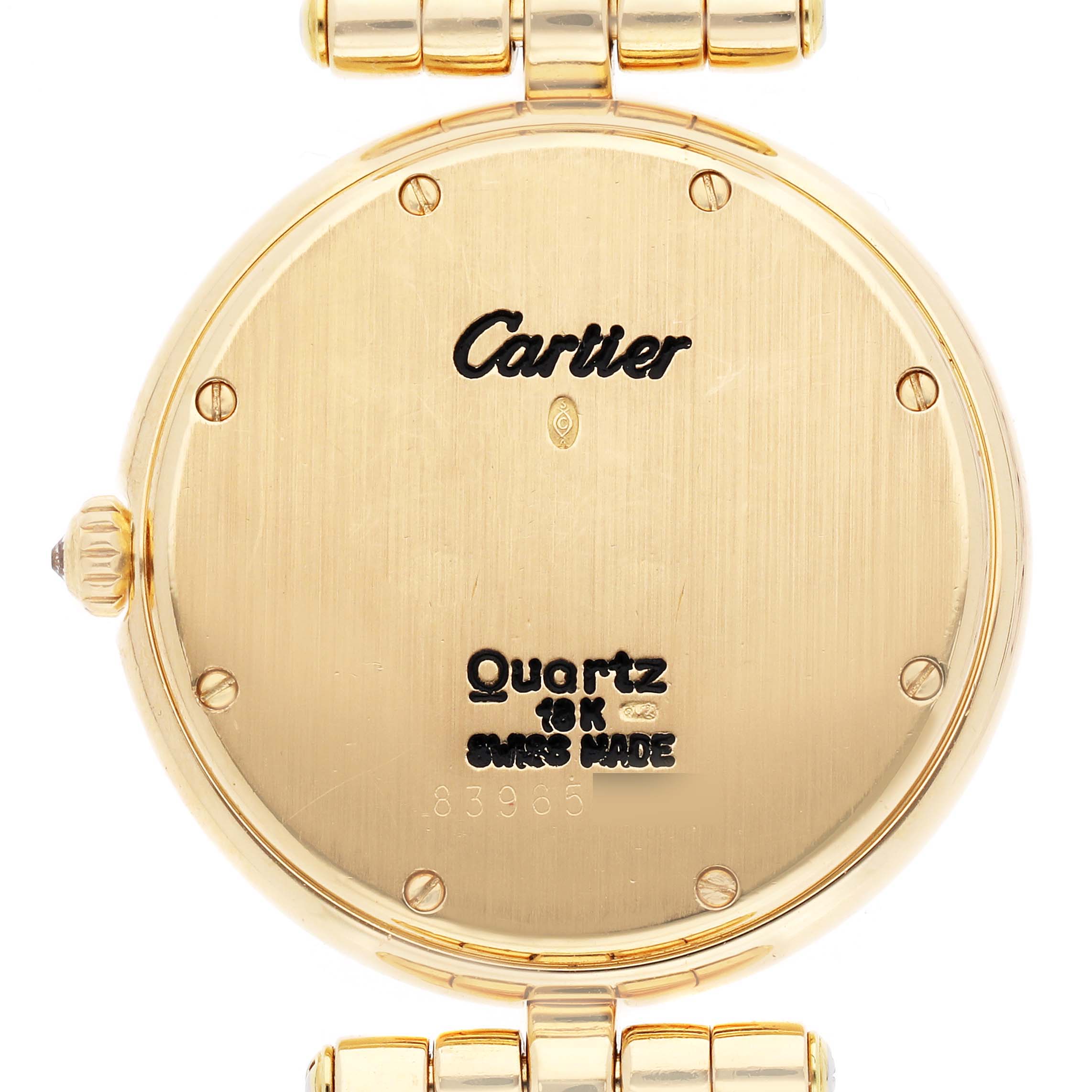 The image shows the back case of the Cartier Panthere men's watch, model number 884701FD, displaying the brand, movement type, and material details.