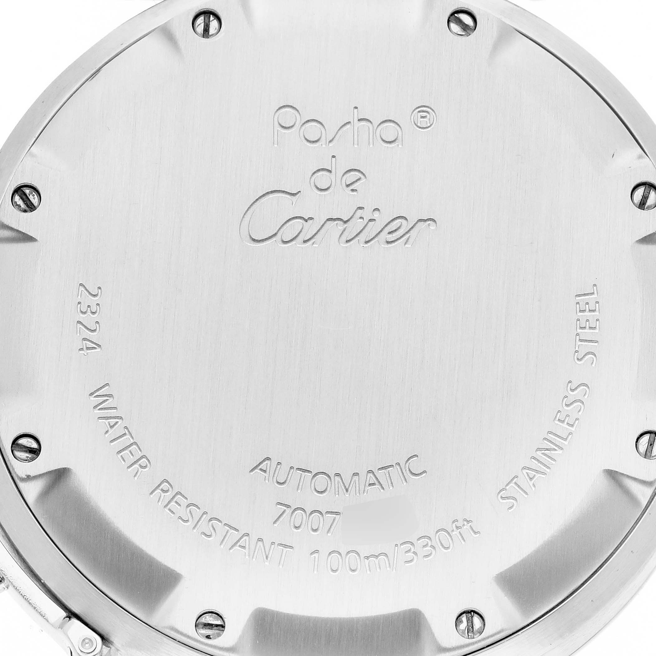 The image shows the case back of a Cartier Pasha W31075M7 Women's Stainless Steel Pink Dial W31075M7 Women's Stainless Steel Pink Dial watch, displaying details like water resistance and model number.