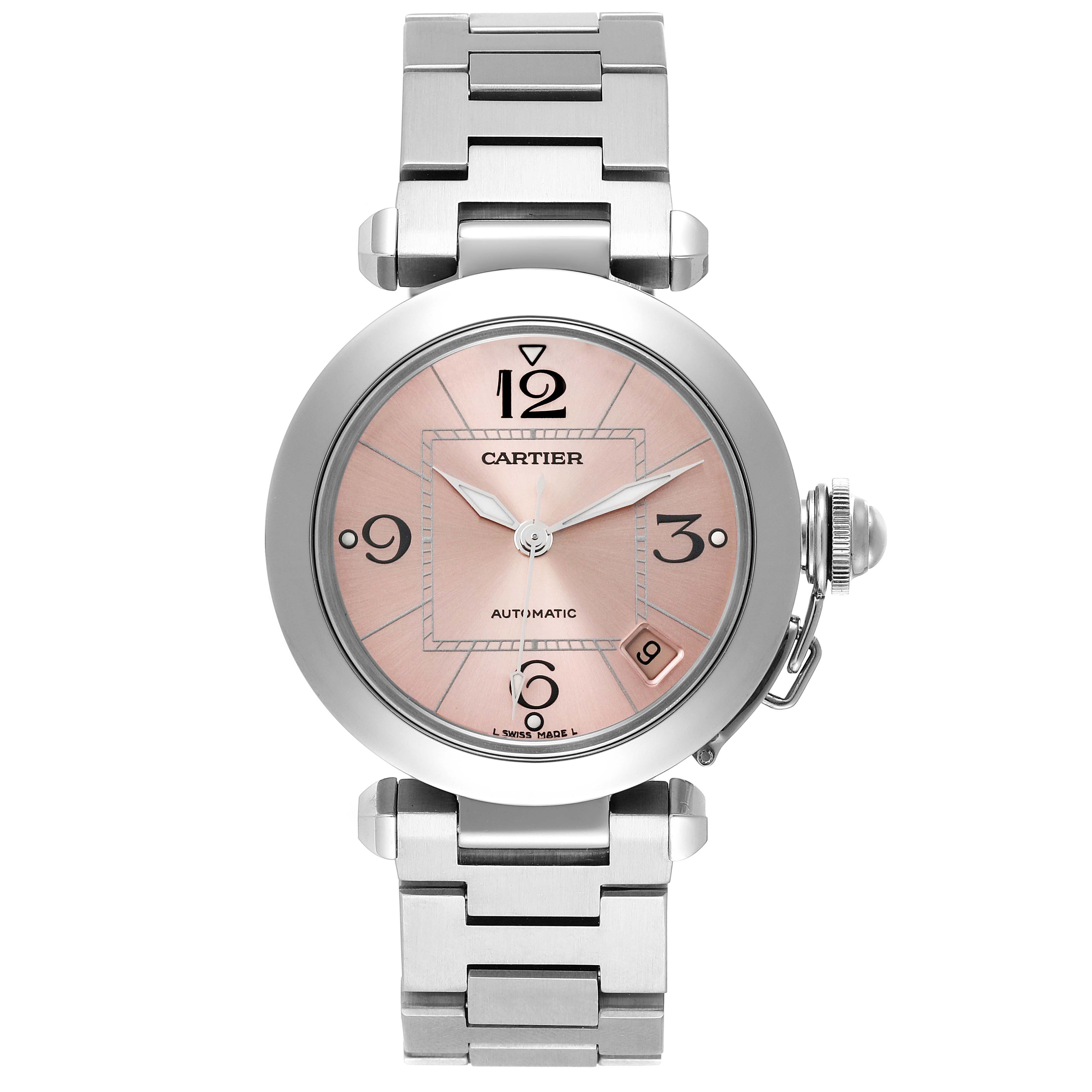 The image shows a front view of the Cartier Pasha W31075M7 Women's Stainless Steel Pink Dial W31075M7 Women's Stainless Steel Pink Dial watch, displaying its pink dial, silver bracelet, and unique crown.