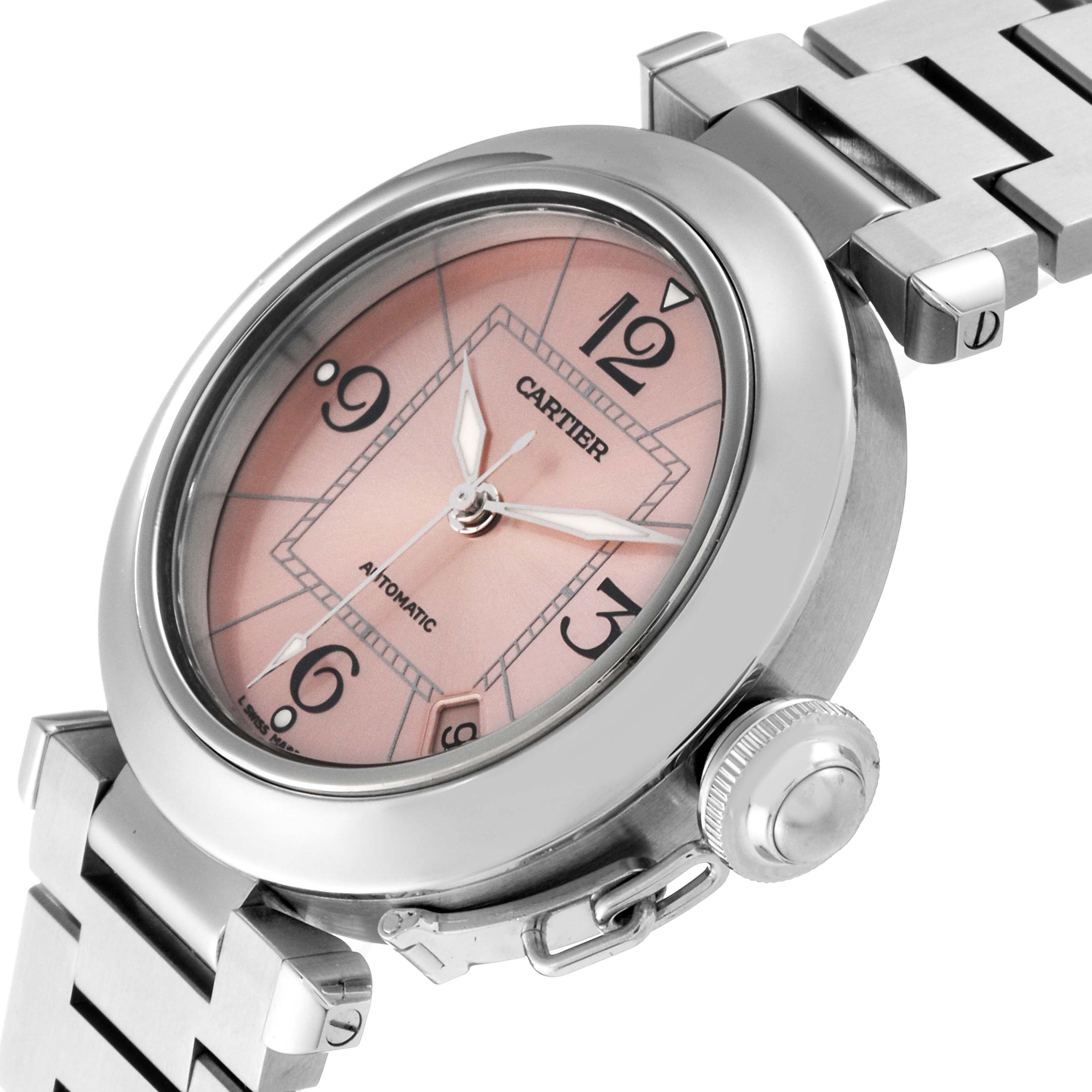 This image shows a Cartier Pasha W31075M7 Women's Stainless Steel Pink Dial W31075M7 Women's Stainless Steel Pink Dial watch from an oblique angle, highlighting the face, bezel, crown, and part of the band.