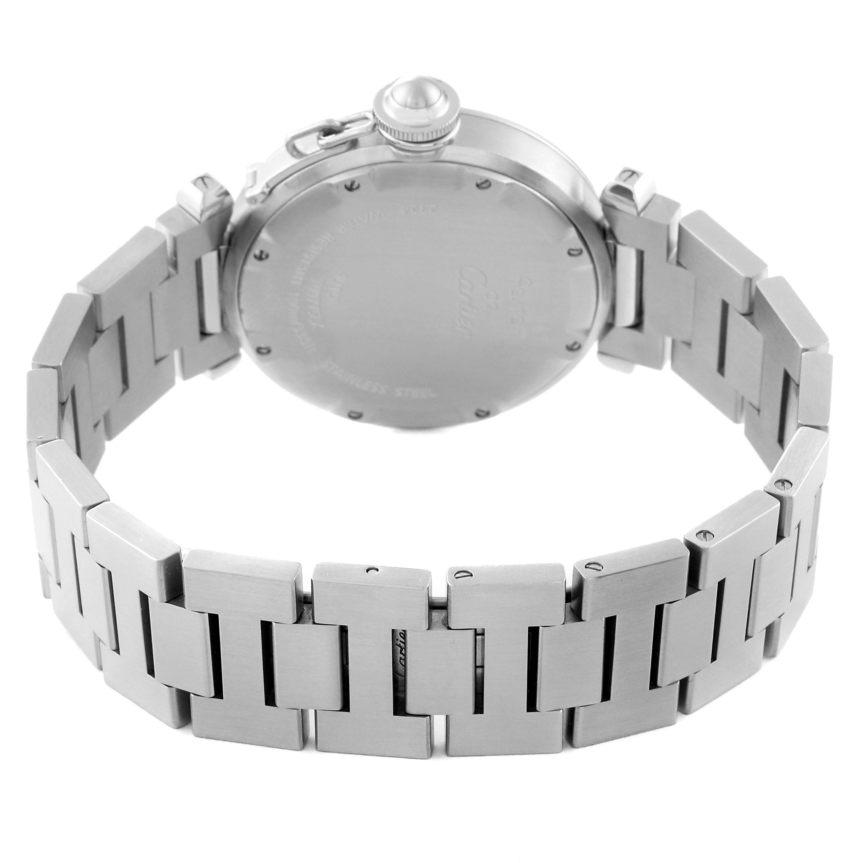 This image shows the back and bracelet of a Cartier Pasha W31075M7 Women's Stainless Steel Pink Dial W31075M7 Women's Stainless Steel Pink Dial watch from a rear angle.