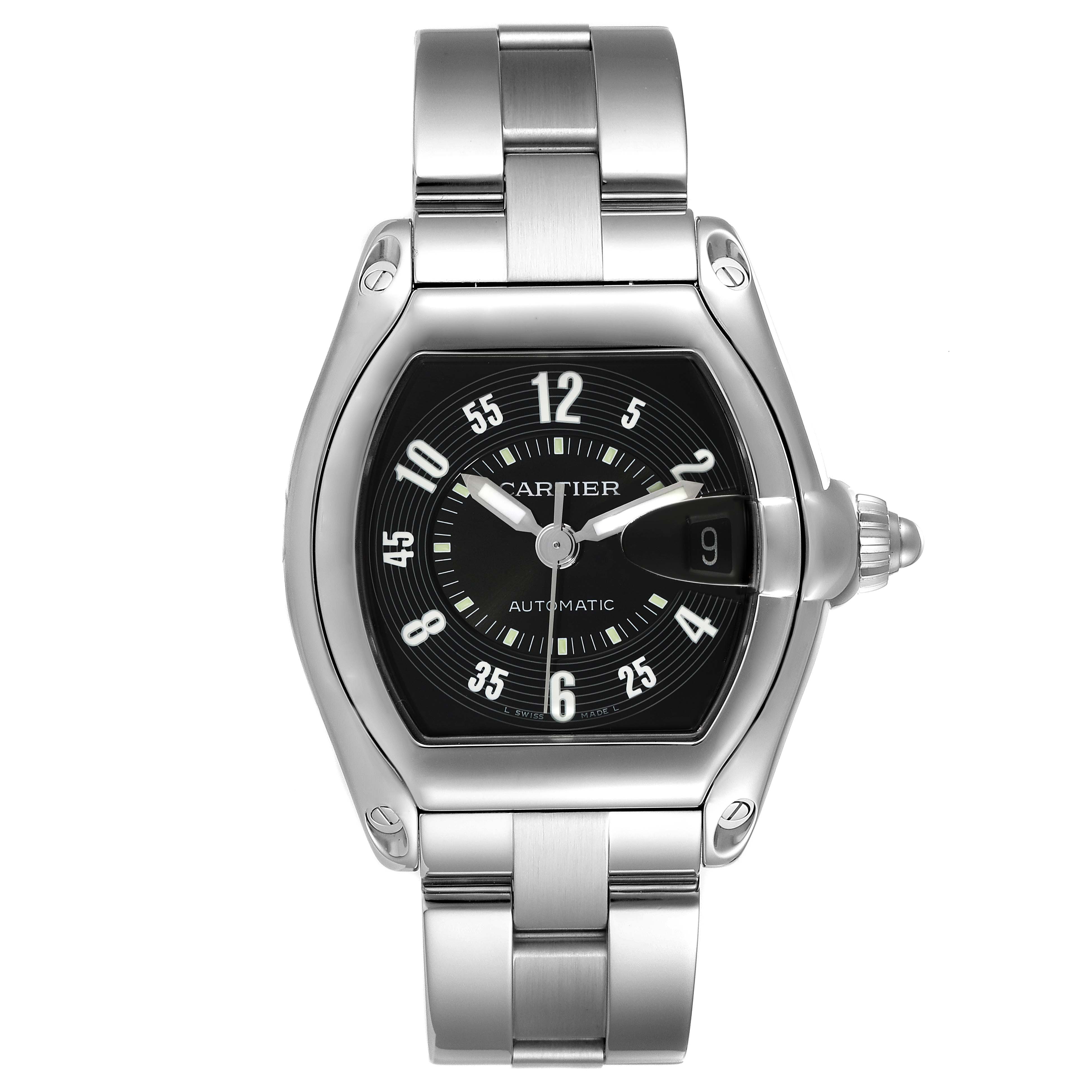 The image shows a front view of a Cartier Roadster W62004V3 Men's Stainless Steel Black Dial W62004V3 Men's Stainless Steel Black Dial watch, highlighting its stainless steel case, black dial, and bracelet.