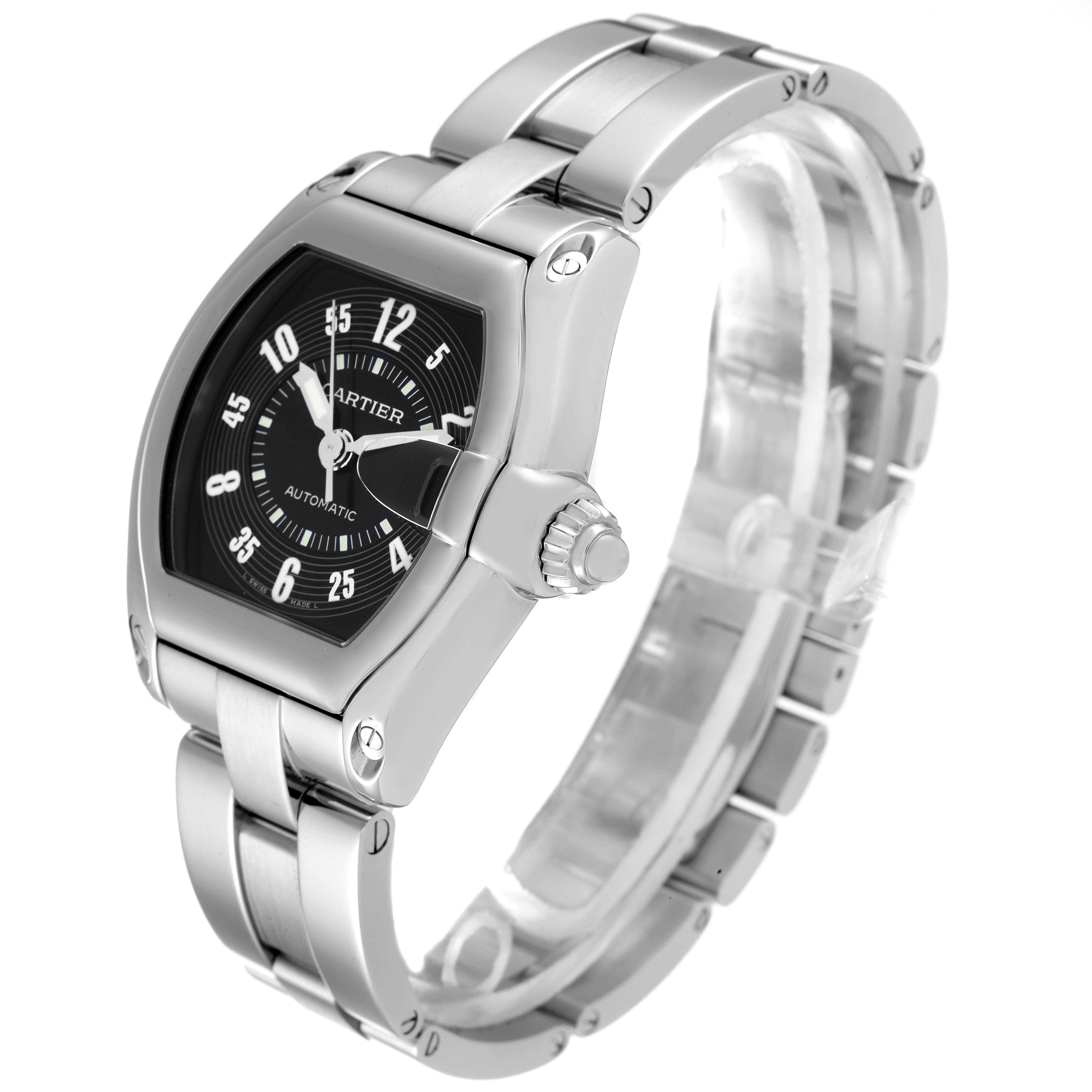 The image shows a Cartier Roadster W62004V3 Men's Stainless Steel Black Dial W62004V3 Men's Stainless Steel Black Dial watch from a front angle, highlighting its face, crown, and stainless steel bracelet.