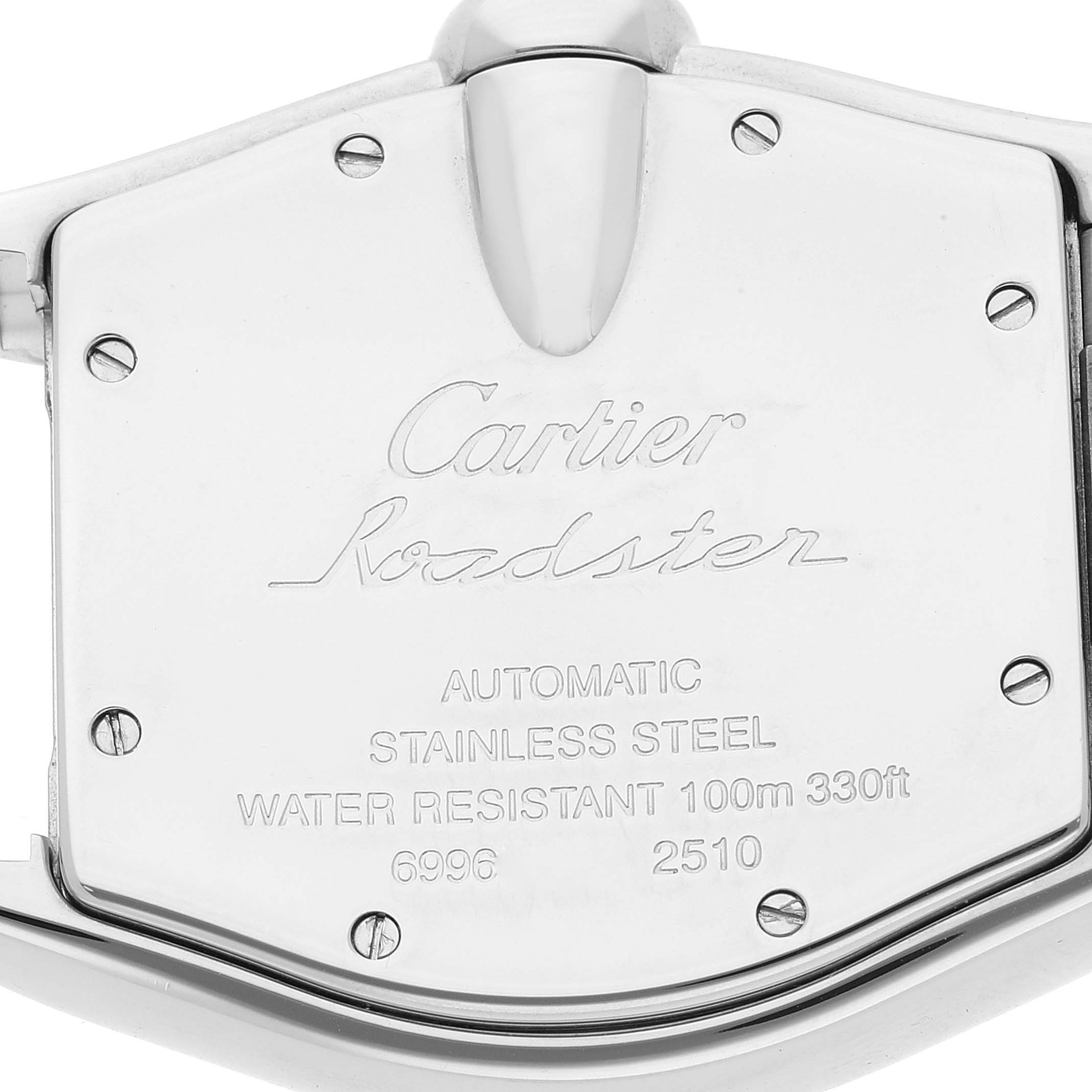 The image showcases the back case of a Cartier Roadster W62004V3 Men's Stainless Steel Black Dial W62004V3 Men's Stainless Steel Black Dial watch, highlighting its model details and specifications.