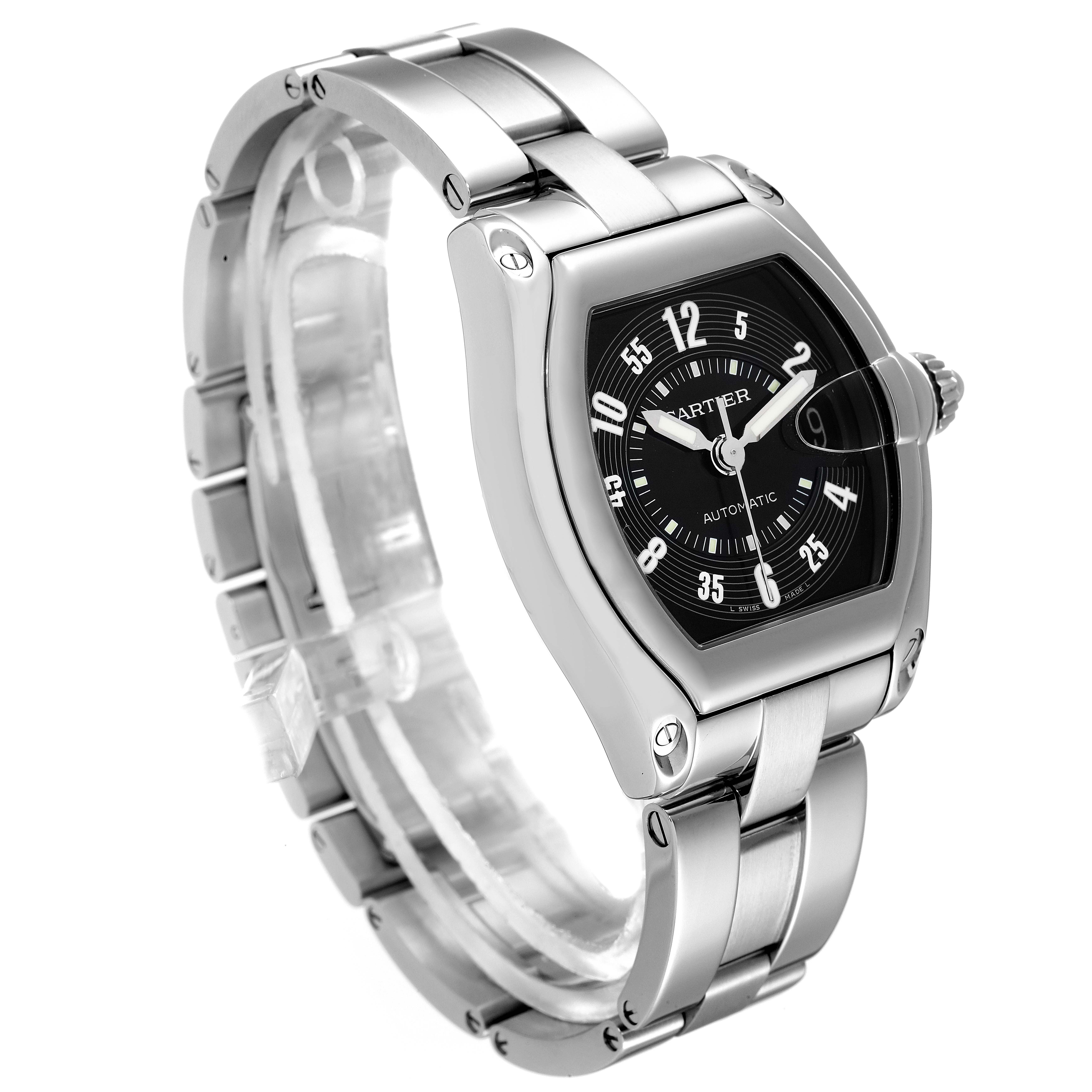 The image shows a side angle of a Cartier Roadster W62004V3 Men's Stainless Steel Black Dial W62004V3 Men's Stainless Steel Black Dial watch, displaying the face, bezel, crown, and part of the metal bracelet.