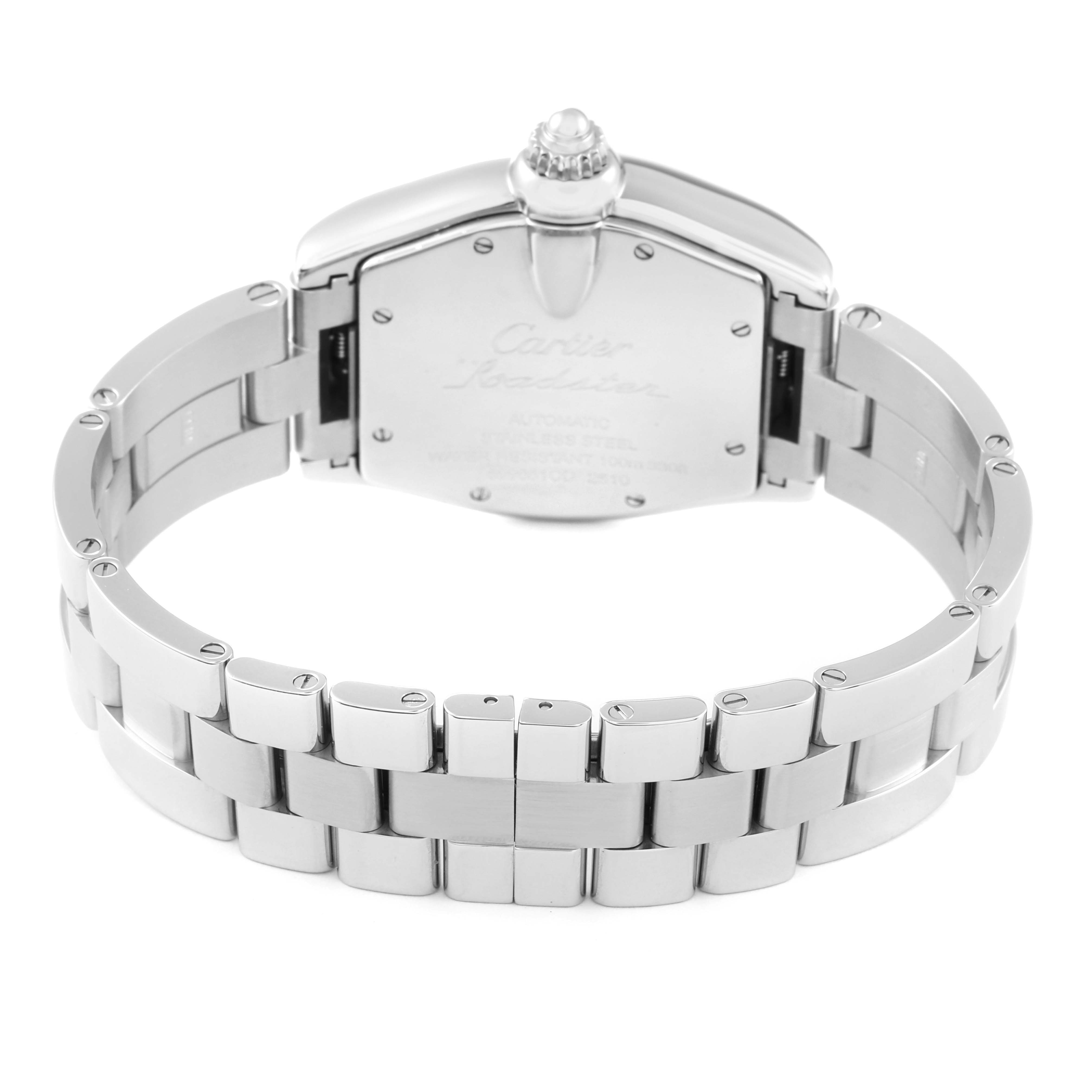 The image shows the back view of a Cartier Roadster W62004V3 Men's Stainless Steel Black Dial W62004V3 Men's Stainless Steel Black Dial watch, displaying its clasp and bracelet.