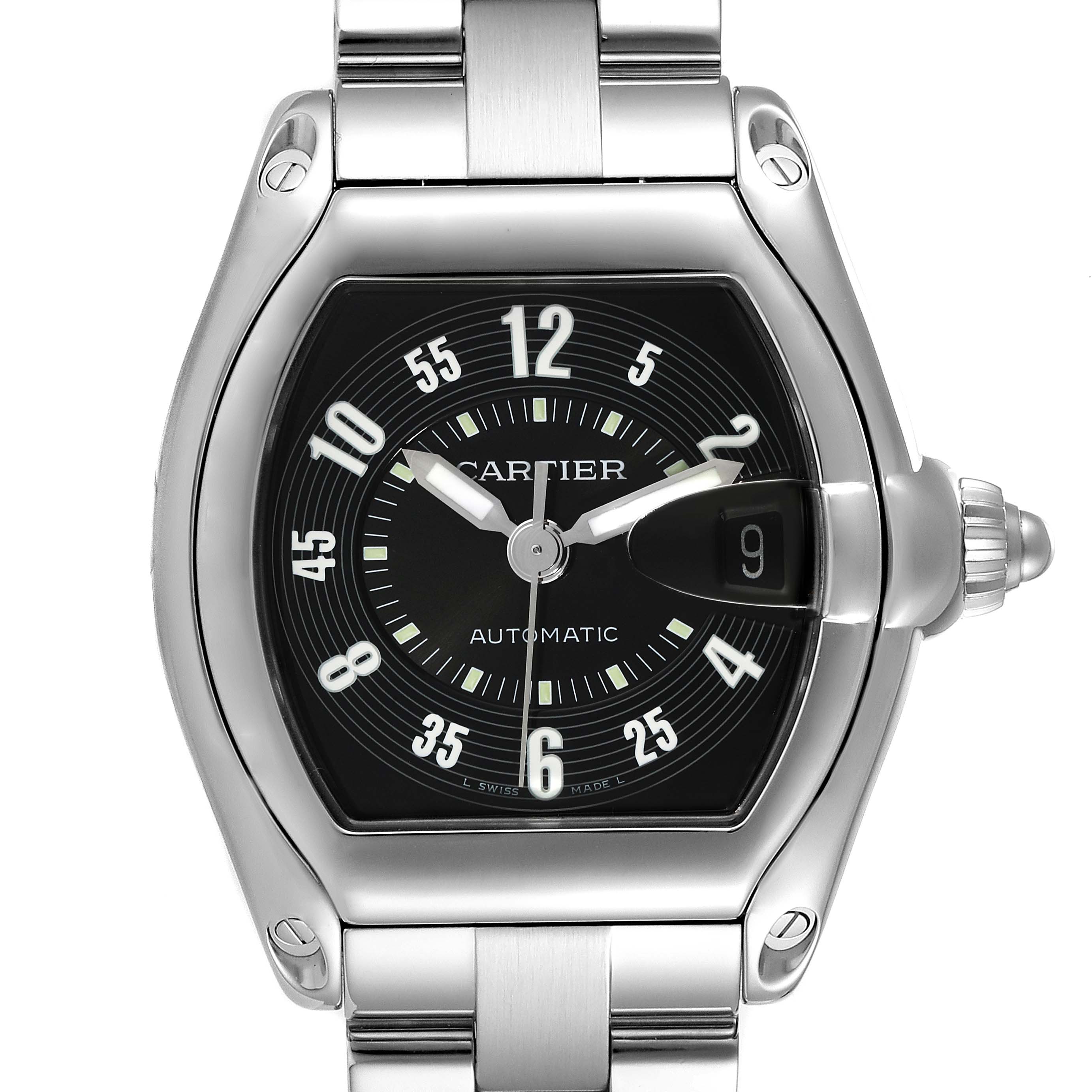 The Cartier Roadster W62004V3 Men's Stainless Steel Black Dial W62004V3 Men's Stainless Steel Black Dial watch is shown from a front angle, highlighting its dial, hands, numerals, date window, and part of the bracelet.