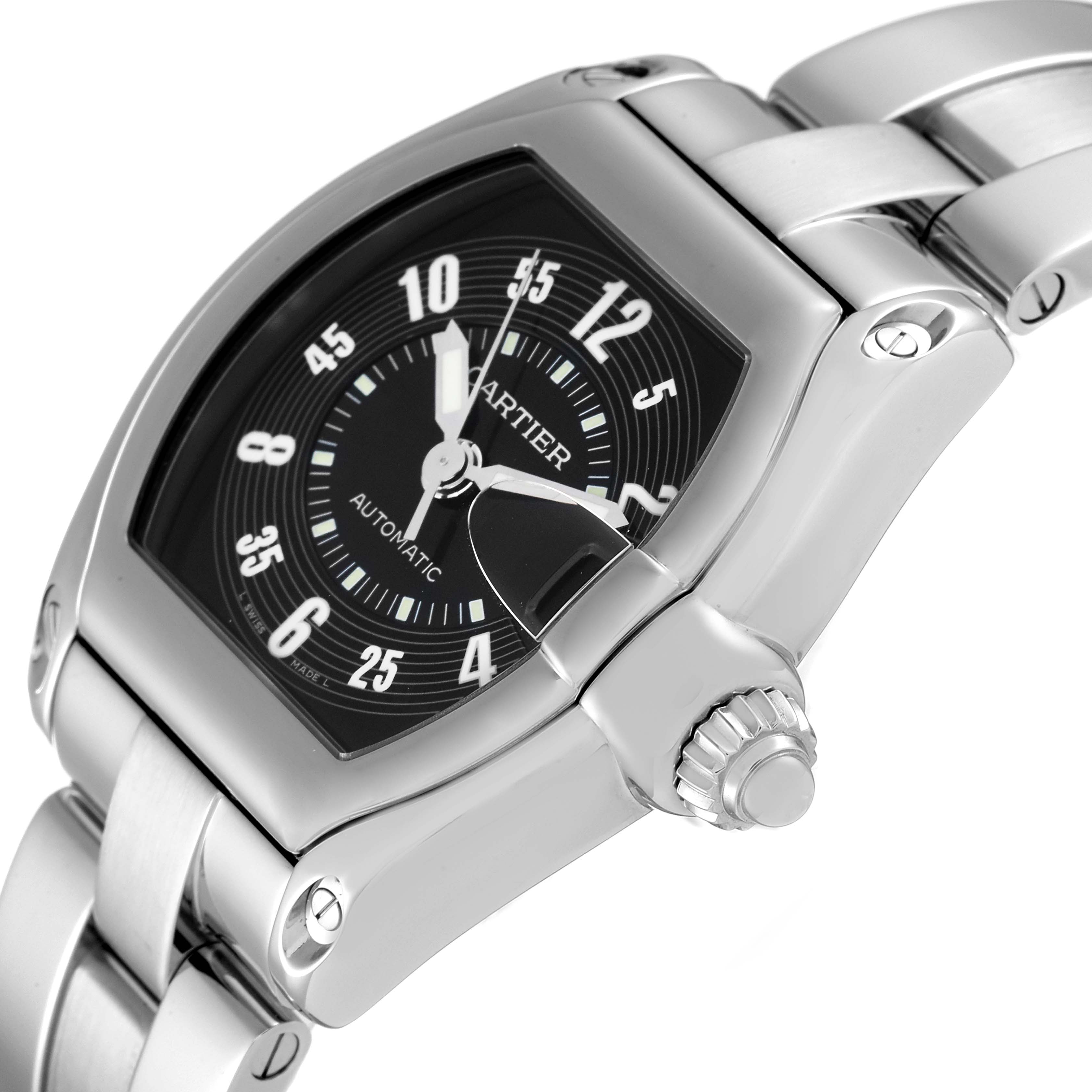 The Cartier Roadster W62004V3 Men's Stainless Steel Black Dial W62004V3 Men's Stainless Steel Black Dial watch is shown at an angle highlighting the face, crown, and part of the bracelet.