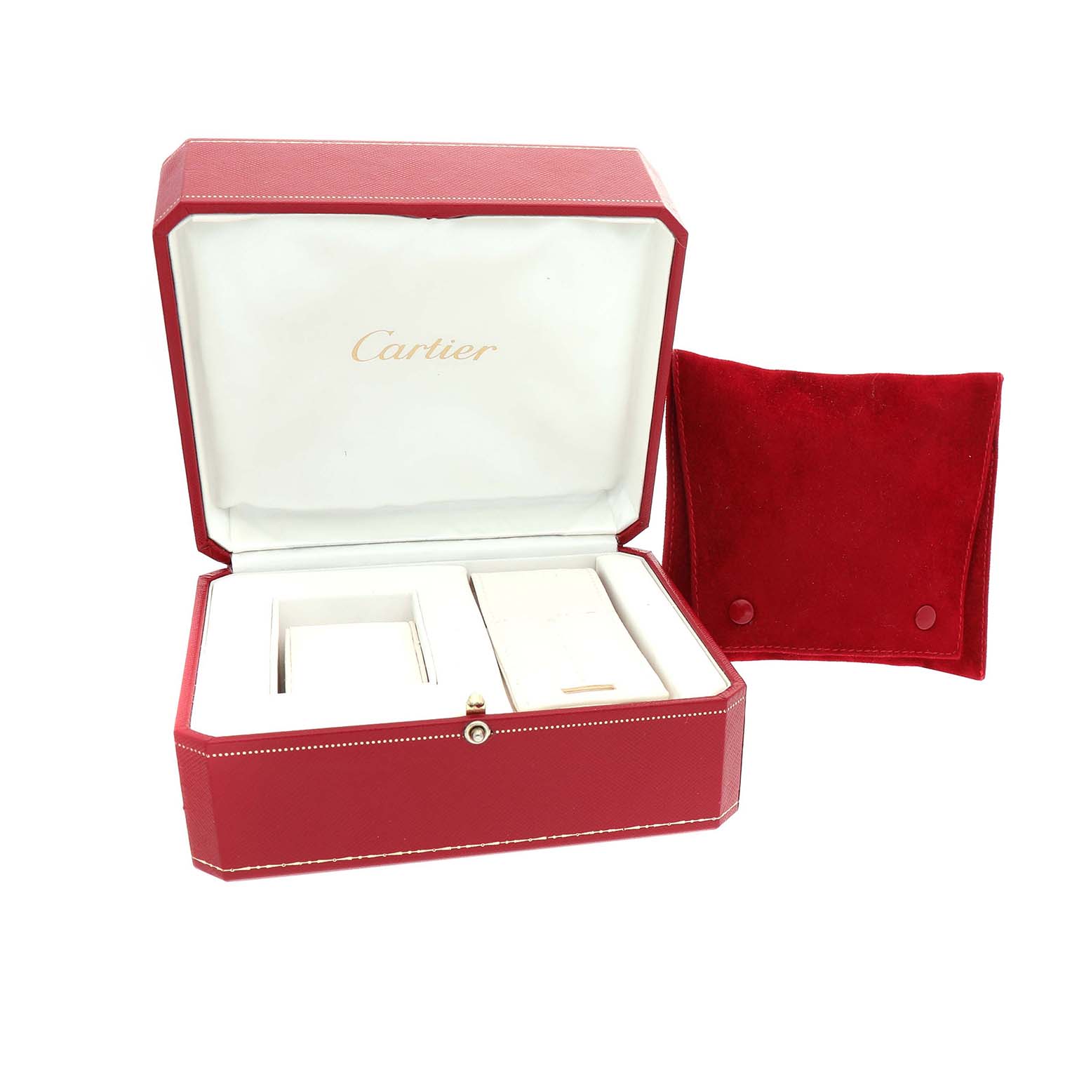 The image shows an open Cartier Roadster W62048V3 Men's Stainless Steel Blue Dial watch box and a red pouch, viewed from above.