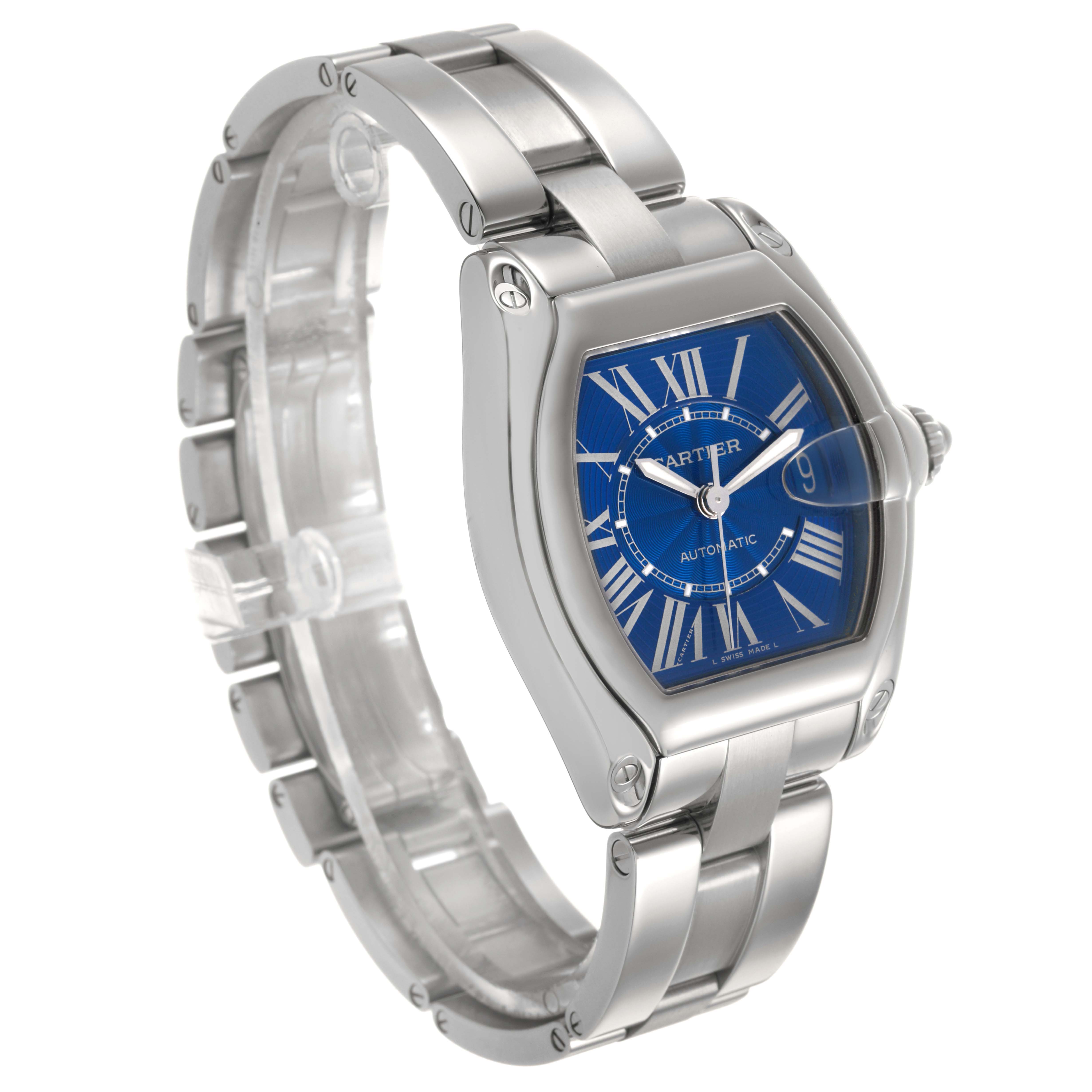 The Cartier Roadster W62048V3 Men's Stainless Steel Blue Dial watch is shown at a 3/4 angle, displaying the face, bezel, and bracelet.