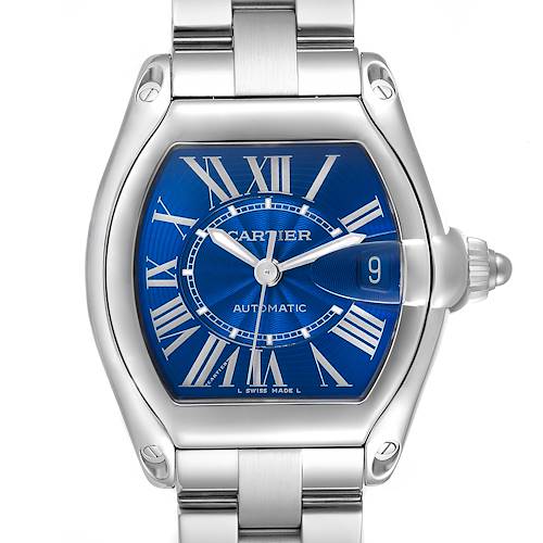 The Cartier Roadster W62048V3 Men's Stainless Steel Blue Dial watch is shown from the front, highlighting its blue dial, Roman numerals, and metal bracelet.