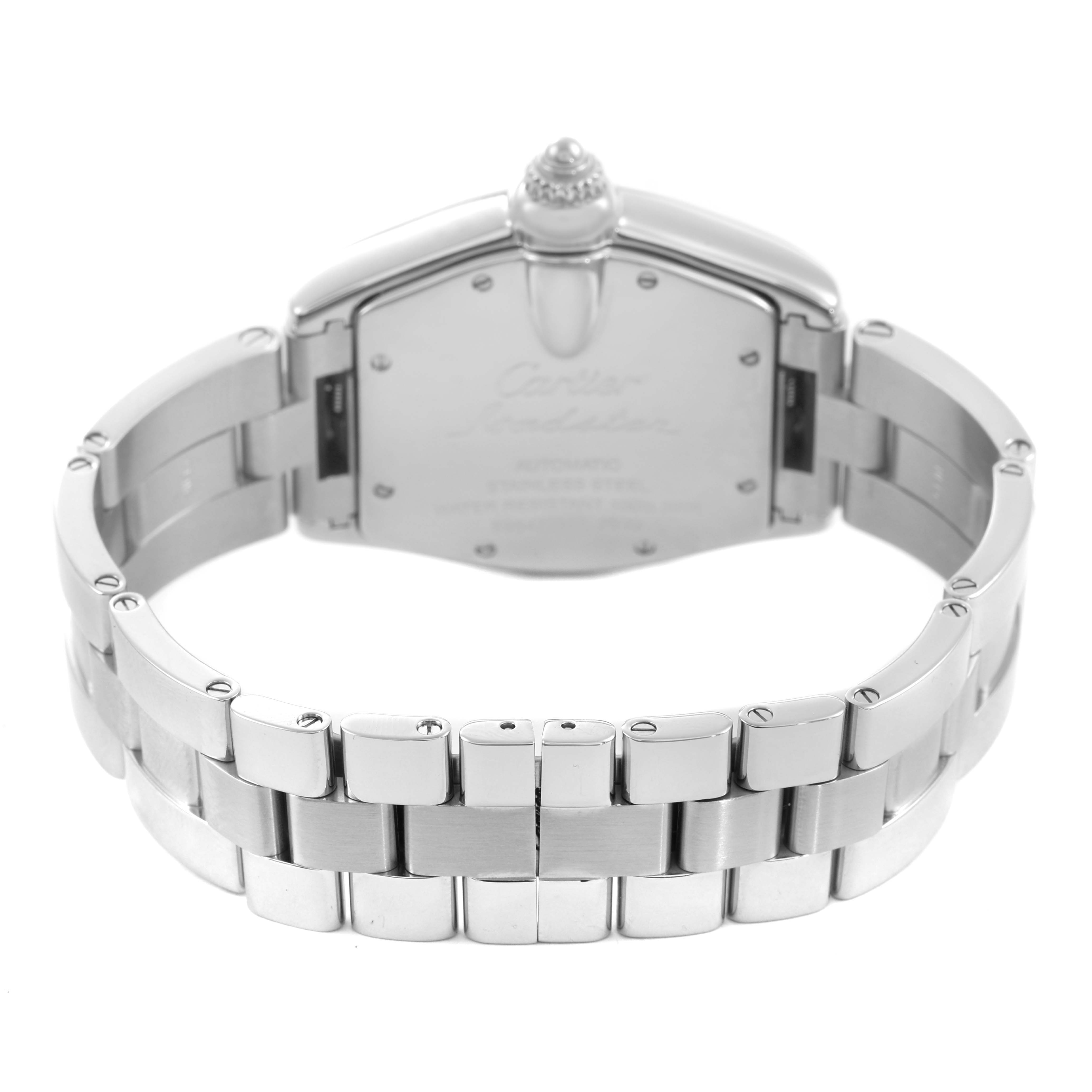 The image shows the back view of the Cartier Roadster W62048V3 Men's Stainless Steel Blue Dial watch, highlighting its bracelet and case details.