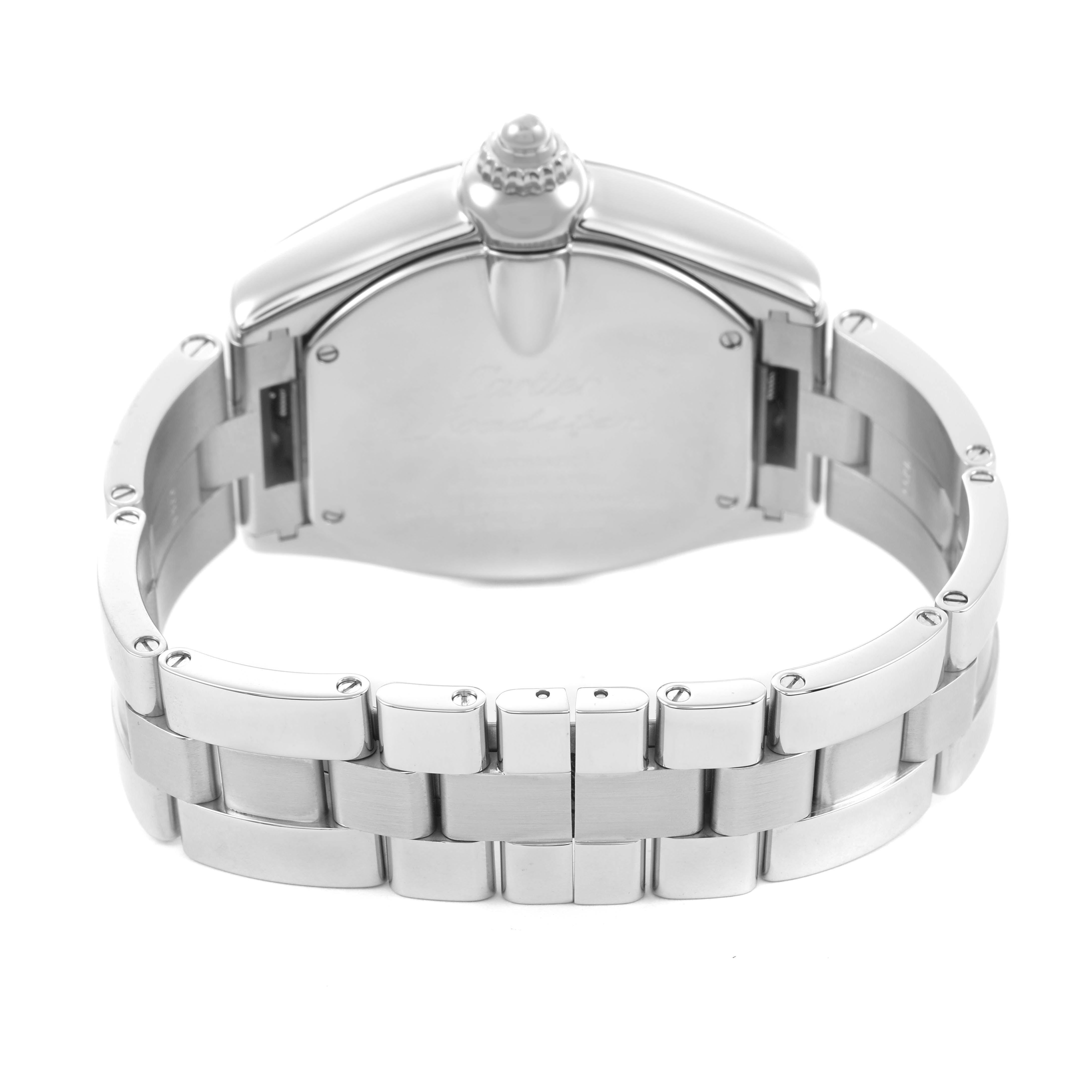 The image shows the back of the Cartier Roadster W62032X6 Men's Stainless Steel Silver Dial watch, highlighting its metal bracelet and clasp from a rear angle.