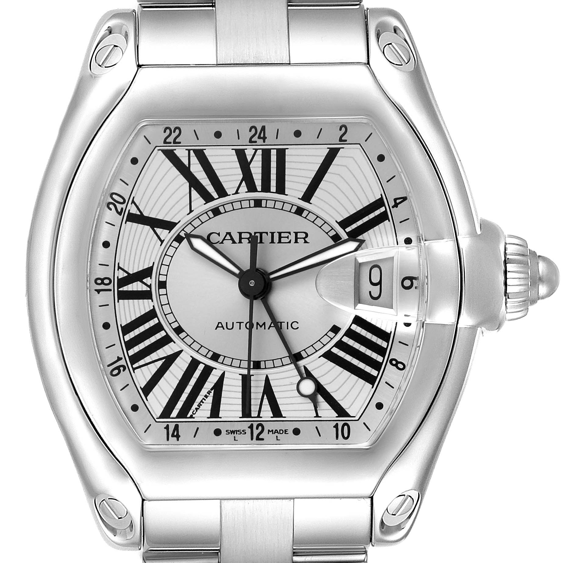 The Cartier Roadster W62032X6 Men's Stainless Steel Silver Dial watch is shown from the front, highlighting its face, crown, and part of the bracelet.
