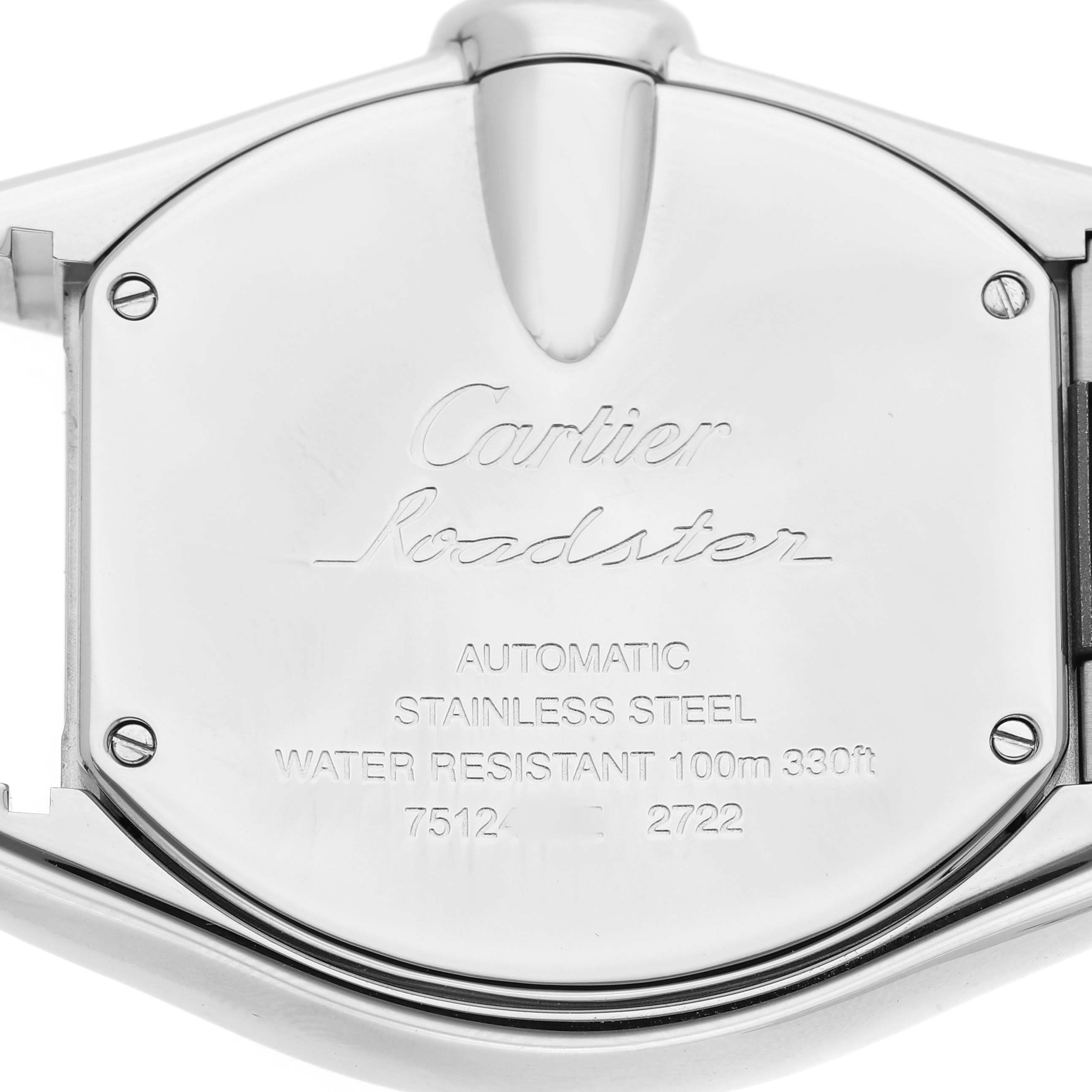 The image shows the back case of a Cartier Roadster W62032X6 Men's Stainless Steel Silver Dial watch, featuring engravings and screws.