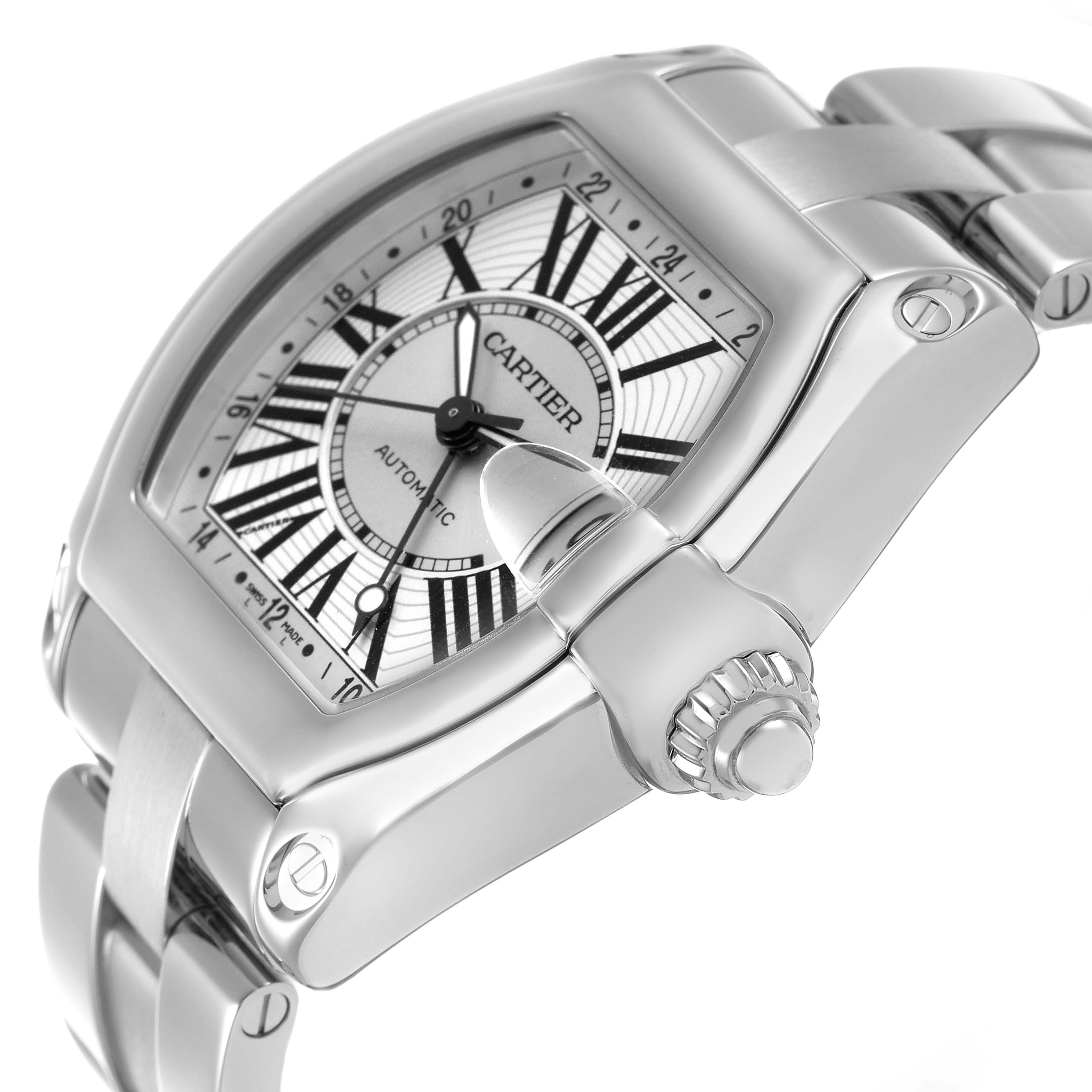 The Cartier Roadster W62032X6 Men's Stainless Steel Silver Dial watch is shown at an angle highlighting the face, case, crown, and bracelet.