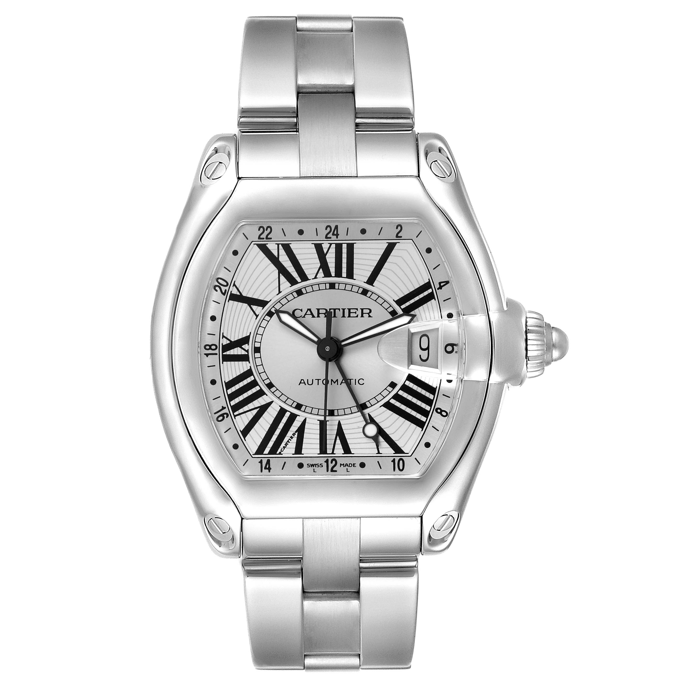 The Cartier Roadster W62032X6 Men's Stainless Steel Silver Dial watch is shown from a top-down angle, highlighting its face, crown, and stainless steel bracelet.