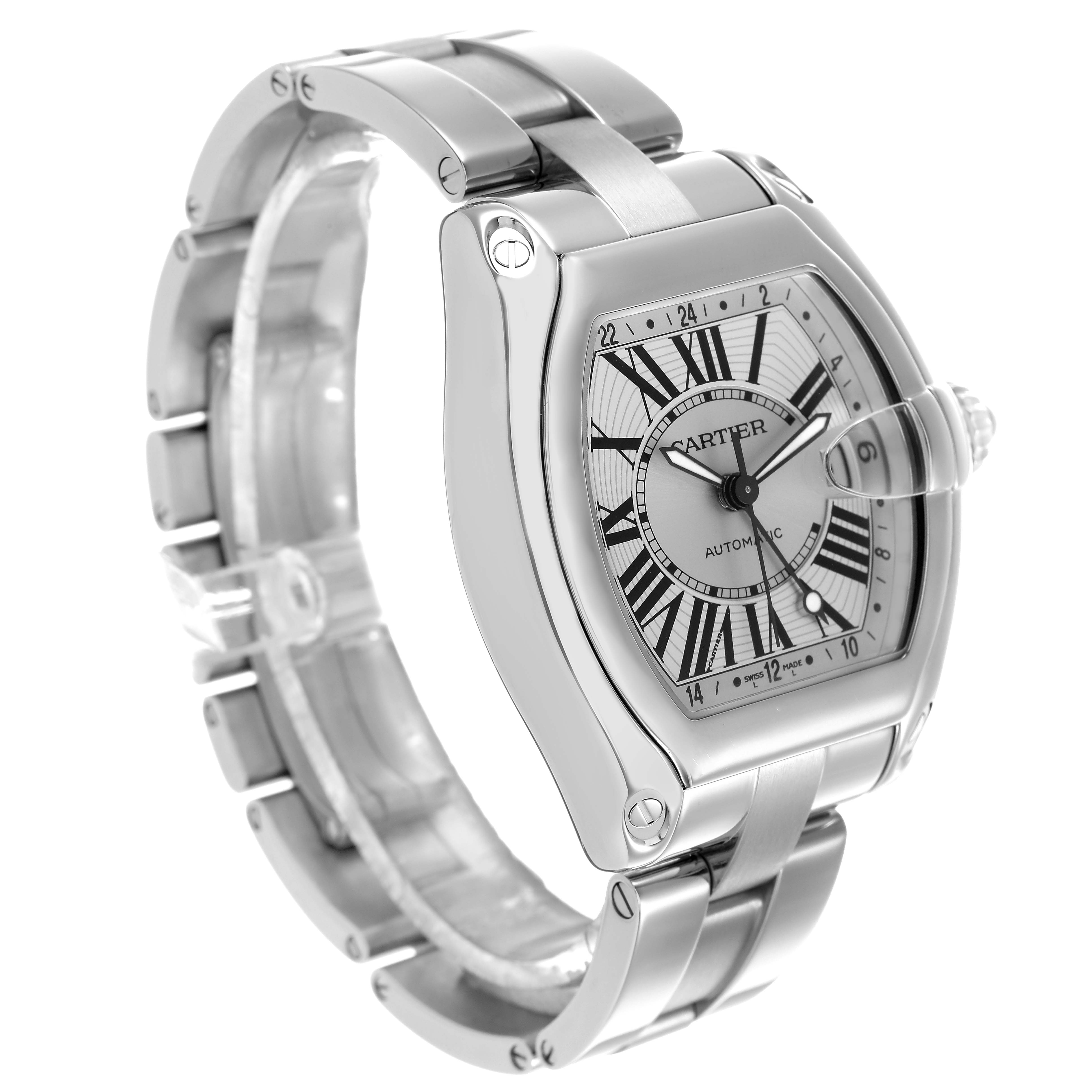 The Cartier Roadster W62032X6 Men's Stainless Steel Silver Dial watch is shown from a front-side angle, highlighting the face and stainless steel bracelet.