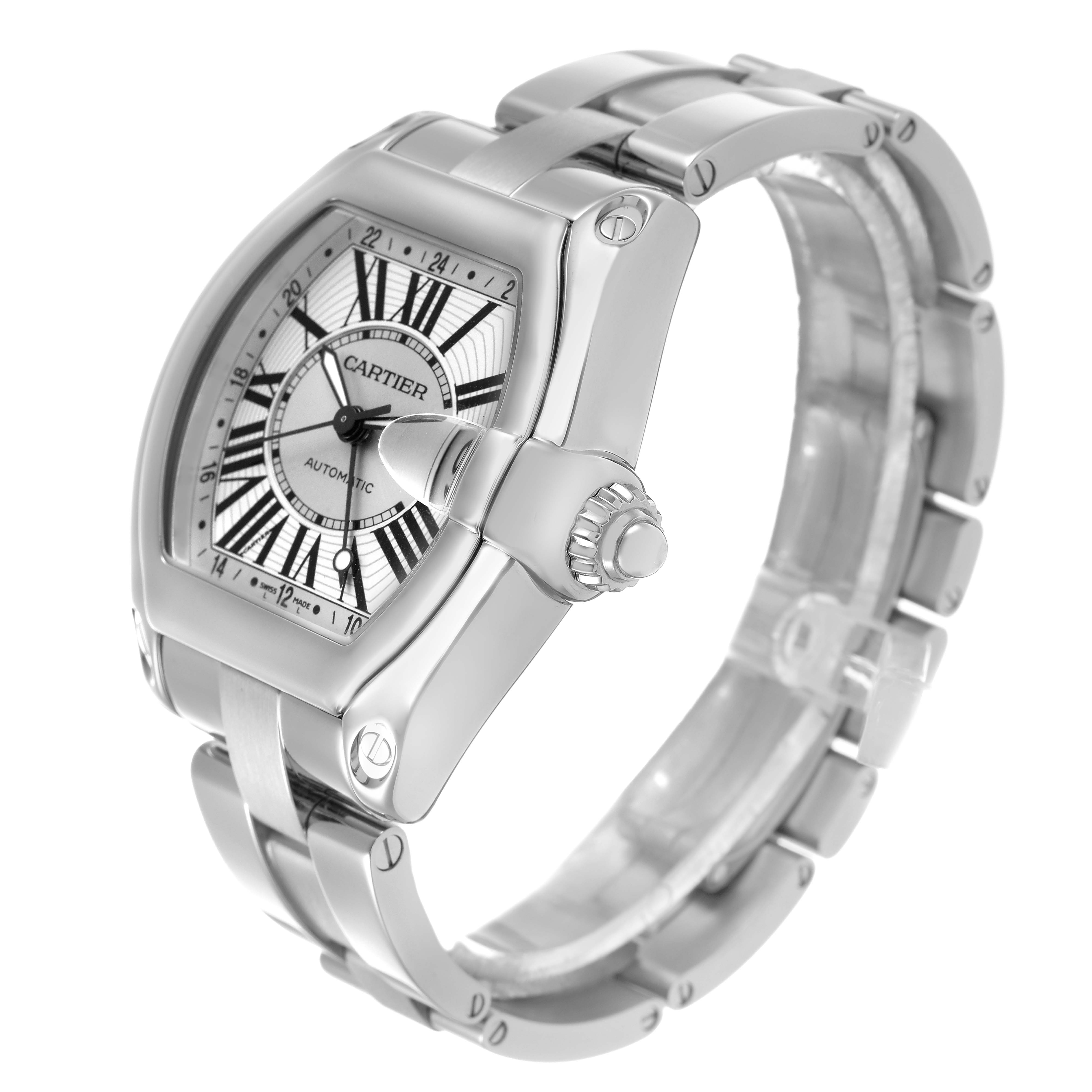 The Cartier Roadster W62032X6 Men's Stainless Steel Silver Dial watch is shown at a slight angle, highlighting the case, dial, bezel, and bracelet.