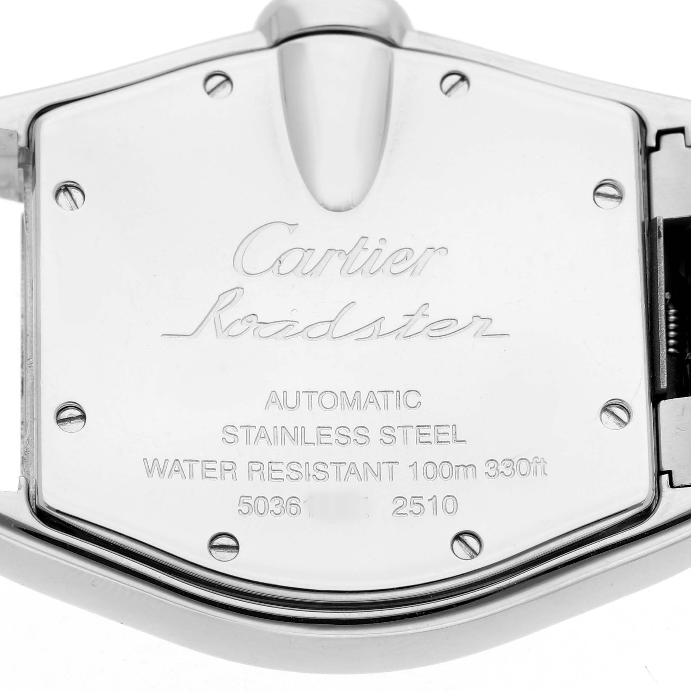 The image shows the back case of the Cartier Roadster W62025V3 Men's Stainless Steel Silver Dial watch, detailing its stainless steel and water resistance features.