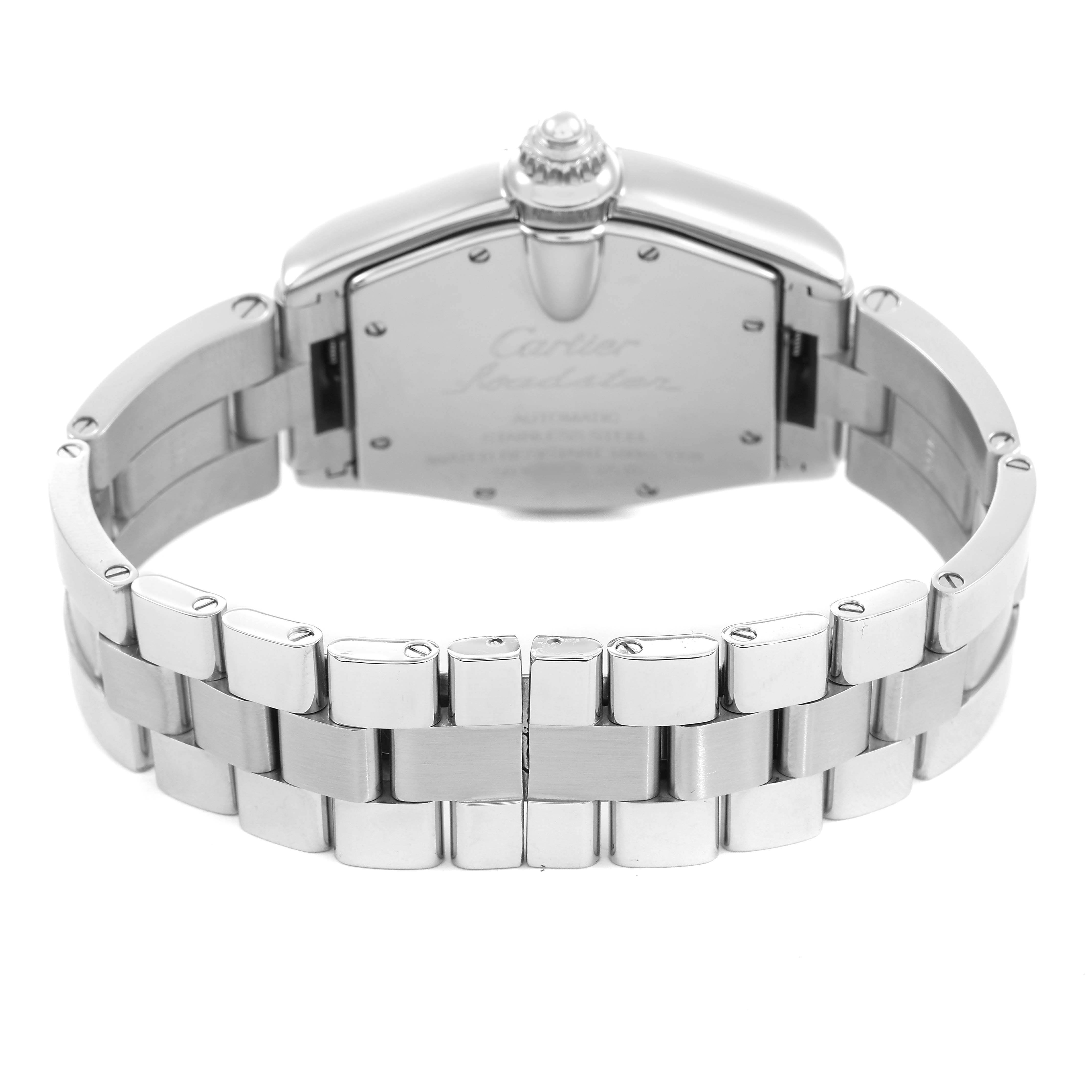 The Cartier Roadster W62025V3 Men's Stainless Steel Silver Dial watch is shown from the back, highlighting the bracelet and the case back details.