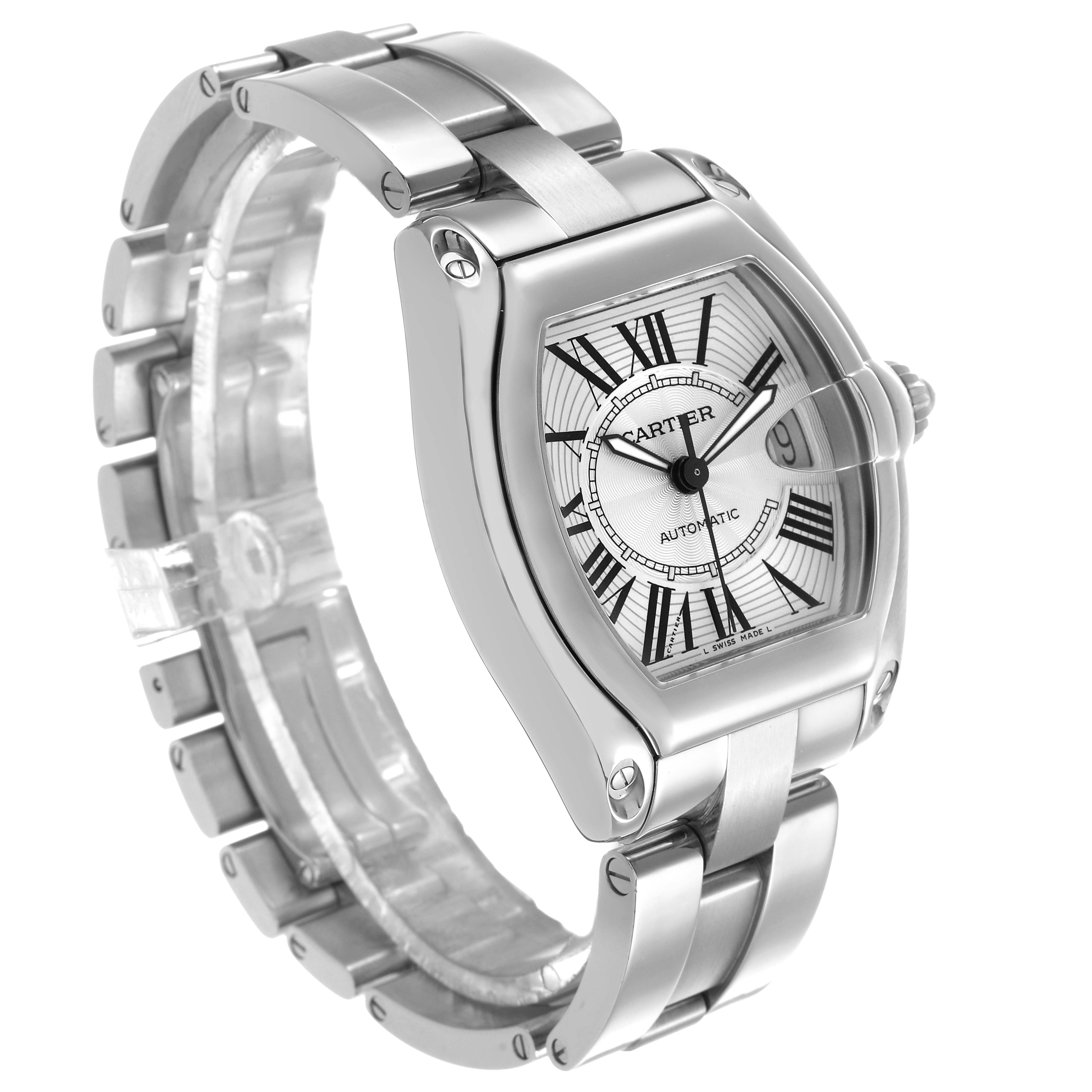 The Cartier Roadster W62025V3 Men's Stainless Steel Silver Dial watch is shown at a three-quarter angle, highlighting the dial, case, and bracelet.