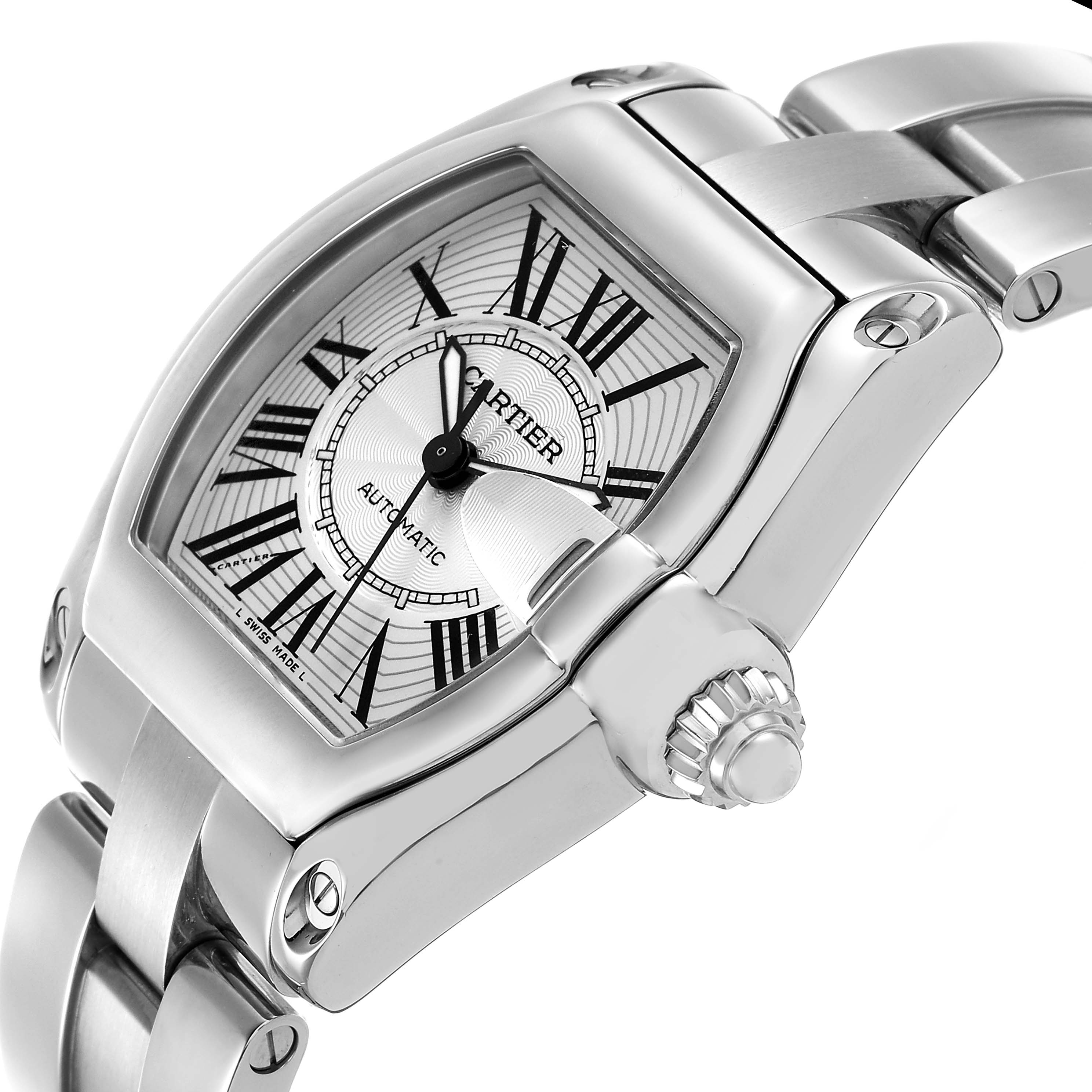The Cartier Roadster W62025V3 Men's Stainless Steel Silver Dial watch is shown at an angled view, highlighting its dial, crown, and part of the bracelet.