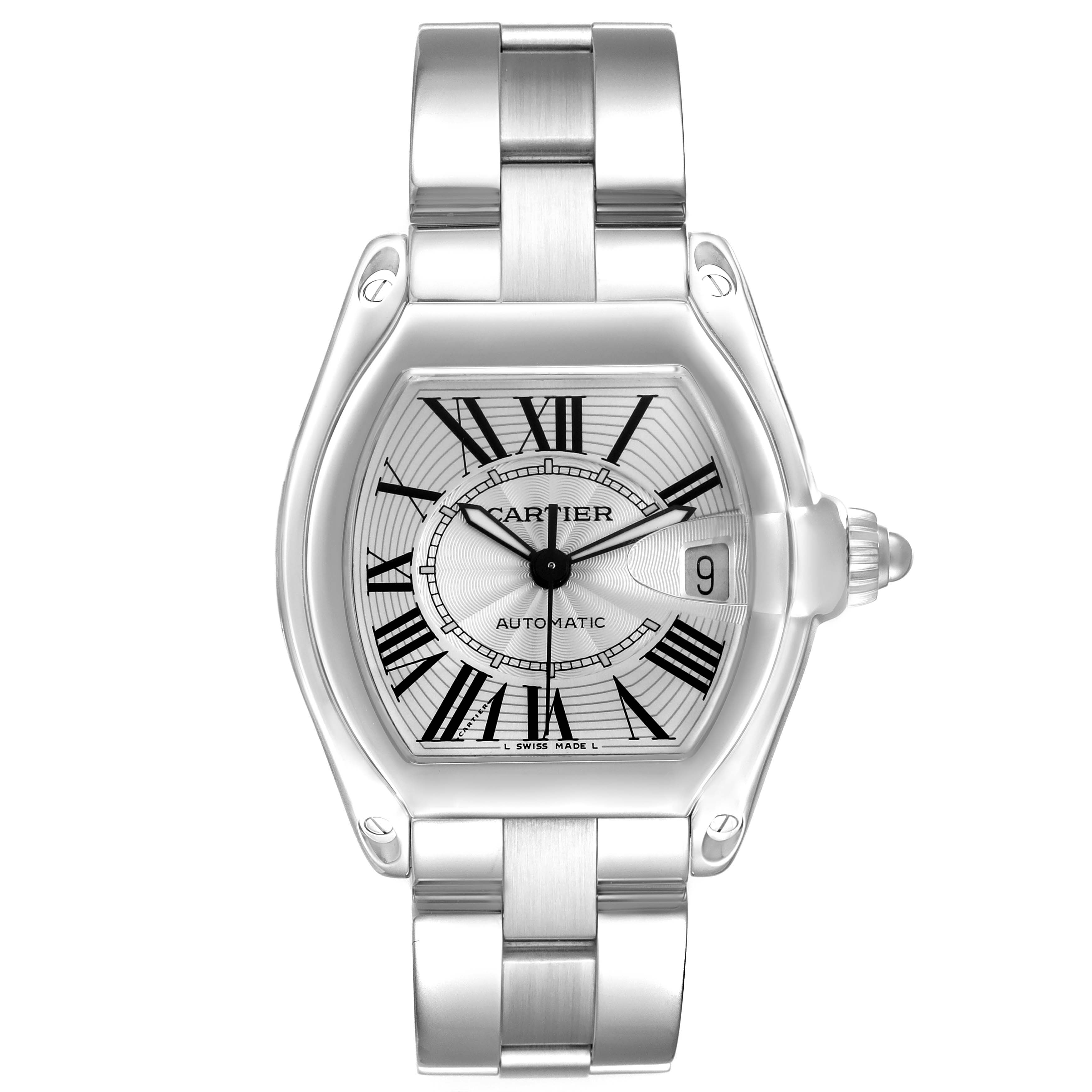 The Cartier Roadster W62025V3 Men's Stainless Steel Silver Dial watch is shown from a top-down angle, displaying the face, dial, and stainless steel bracelet clearly.