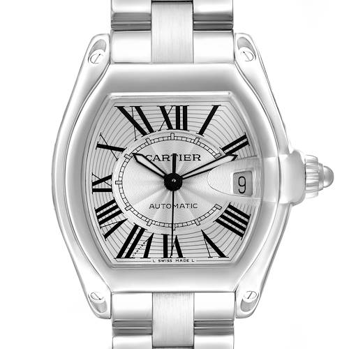 The Cartier Roadster W62025V3 Men's Stainless Steel Silver Dial watch is shown from a front view, highlighting the dial, Roman numerals, date window, and bracelet.
