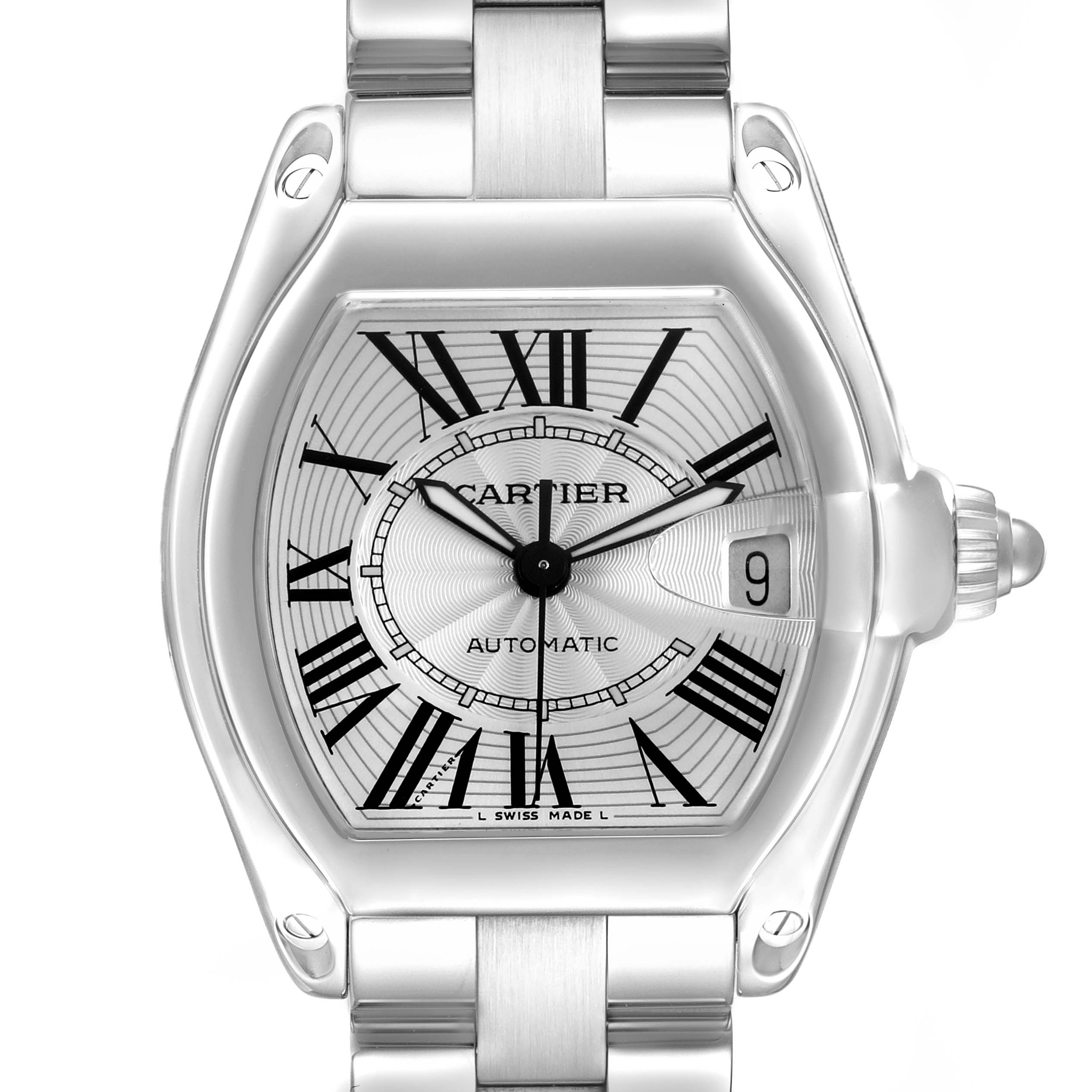 The image shows a front view of a Cartier Roadster W62025V3 Men's Stainless Steel Silver Dial watch, displaying its dial, Roman numerals, and date window.