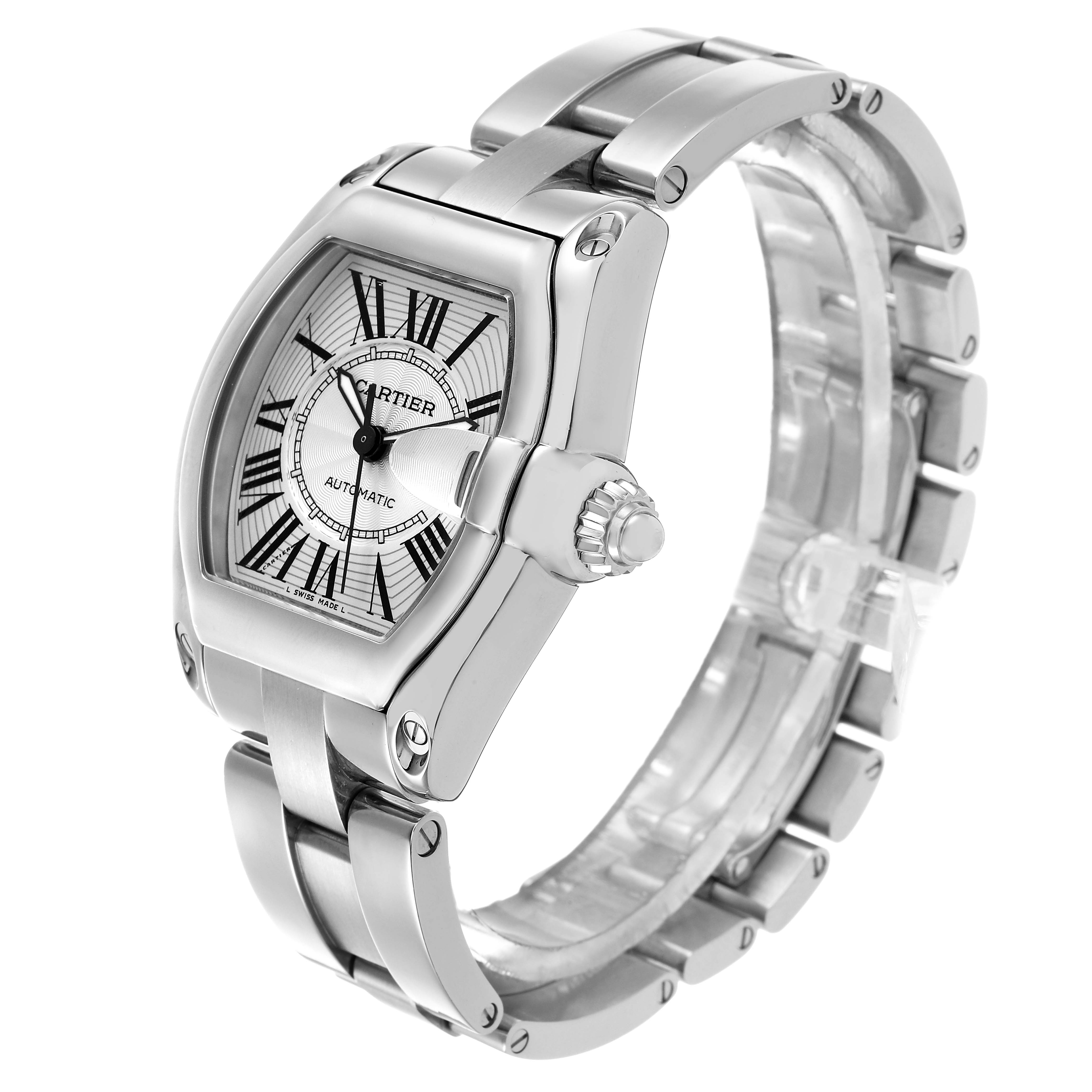 The Cartier Roadster W62025V3 Men's Stainless Steel Silver Dial watch is shown at a slight angle, highlighting its face, crown, and metal bracelet.